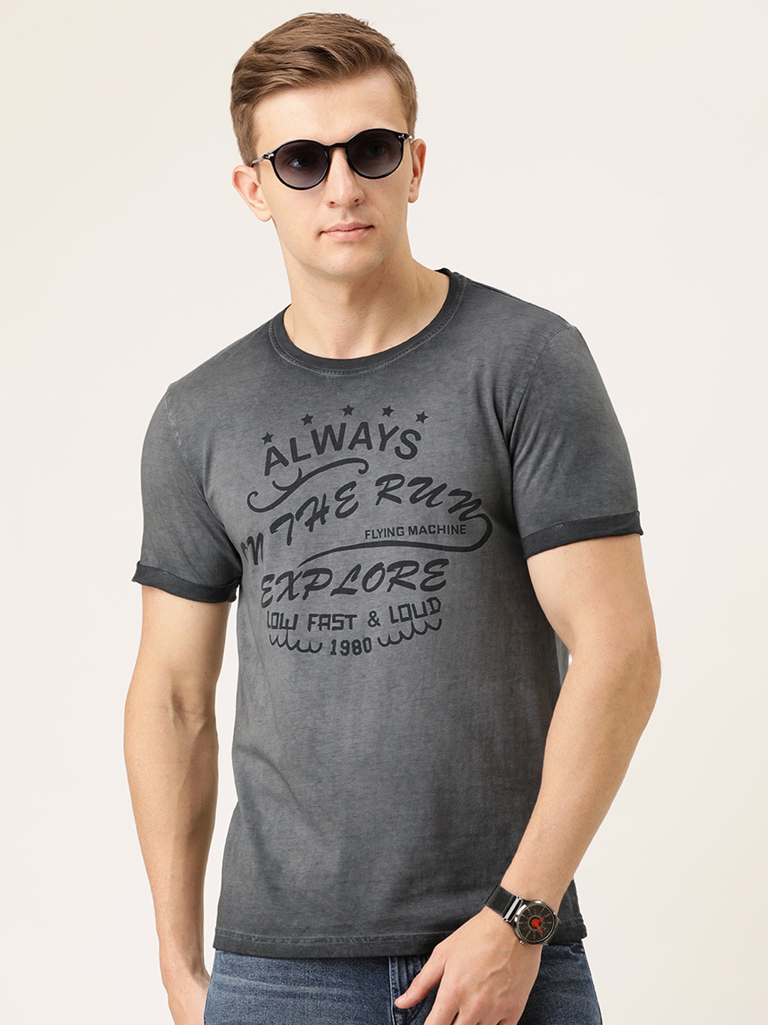 

Flying Machine Men Charcoal Grey Printed Round Neck Pure Cotton T-shirt