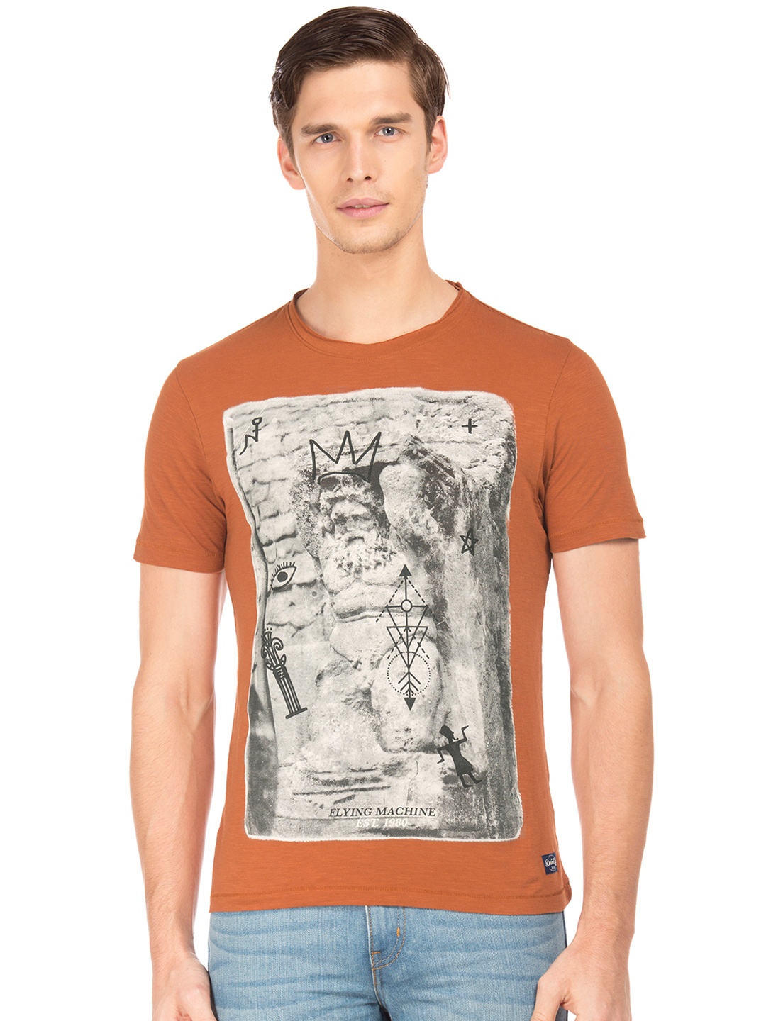 

Flying Machine Men Brown Printed Round Neck Pure Cotton T-shirt