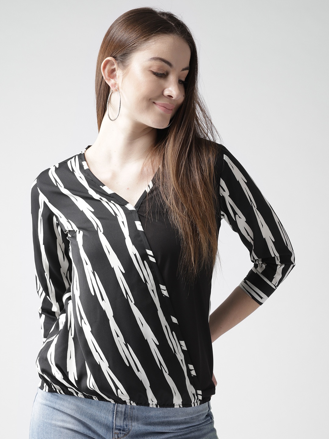 

Style Quotient by noi Women Black & White Striped Wrap Top