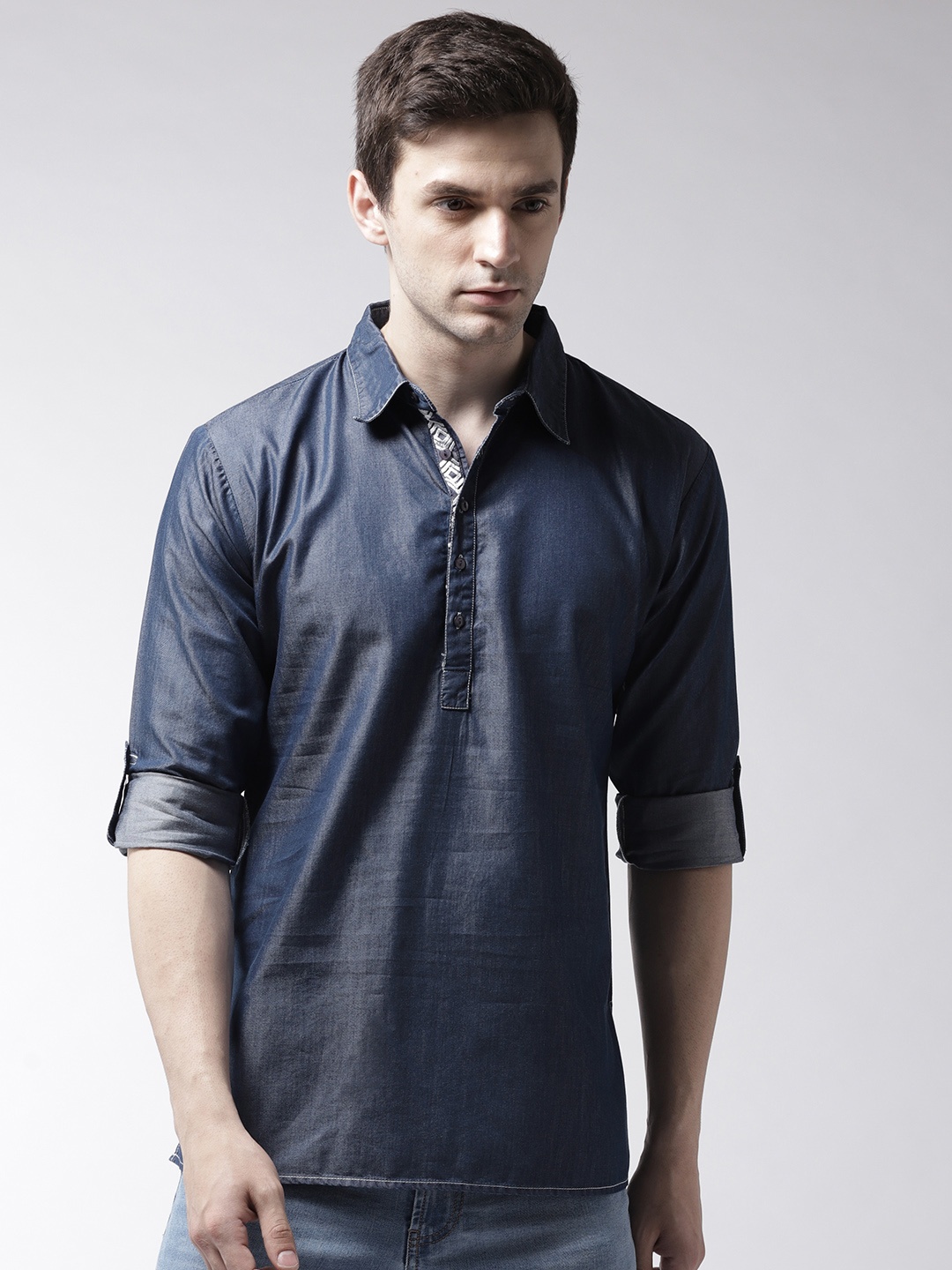 

Style Quotient Men Blue Solid Chambray Straight Kurta