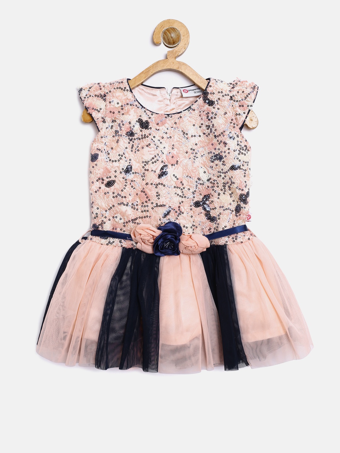 

Peppermint Girls Peach-Coloured & Navy Self Design Fit and Flare Dress