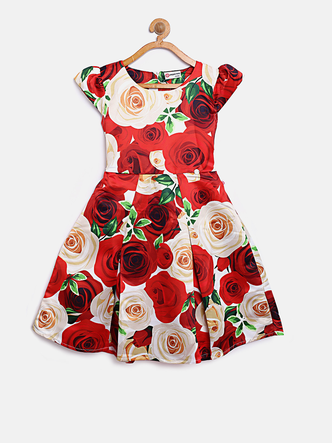 

Peppermint Girls Red & Cream-Coloured Floral Print Fit and Flare Dress