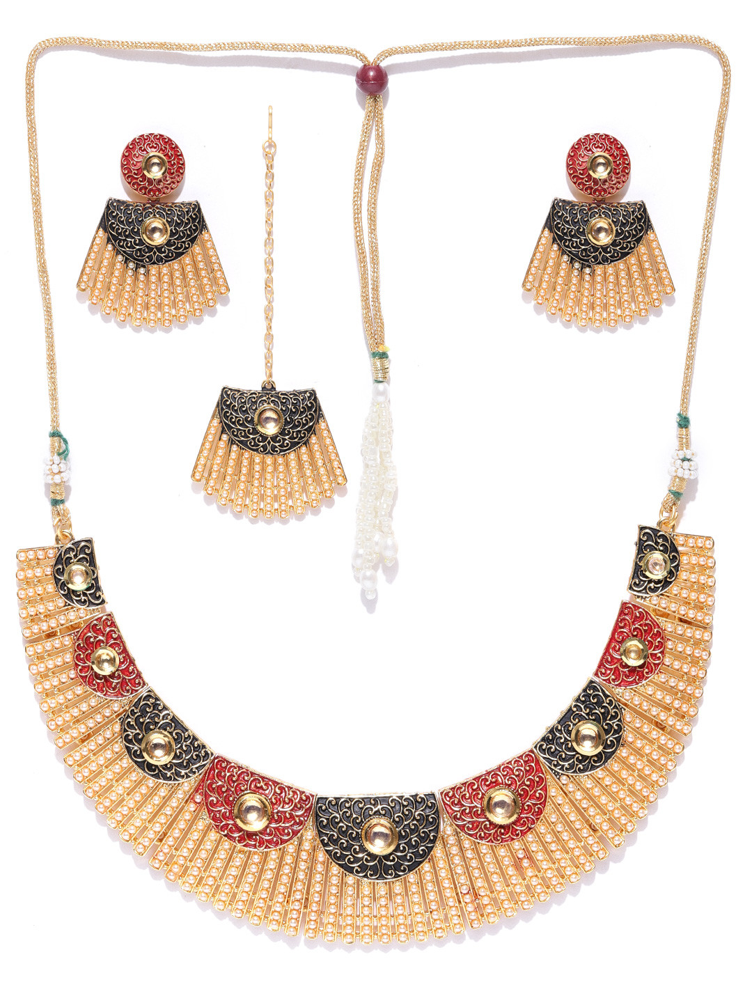 

Zaveri Pearls Gold-Toned Pearl Studded Filigree Jewellery Set