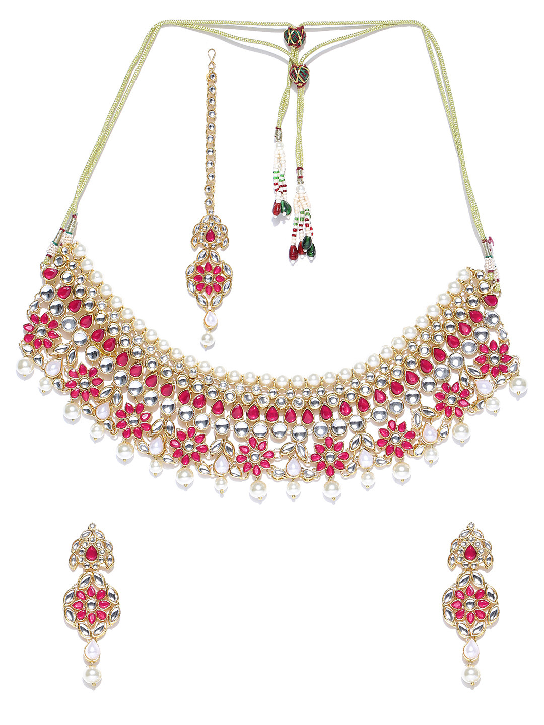 

Zaveri Pearls Gold-Toned & Pink Beaded Kundan Jewellery Set