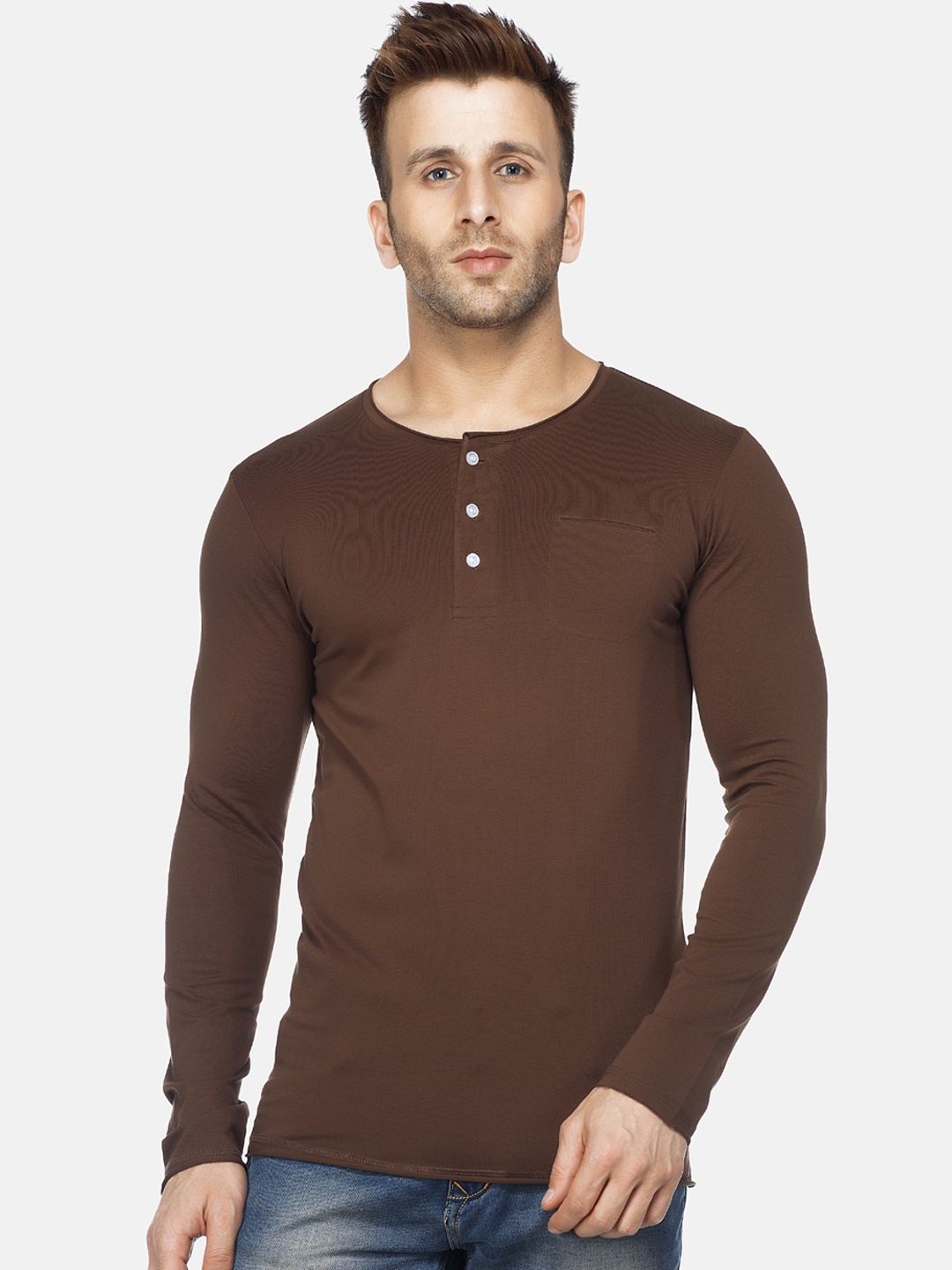 

Tinted Men Brown Solid Henley Neck T-shirt