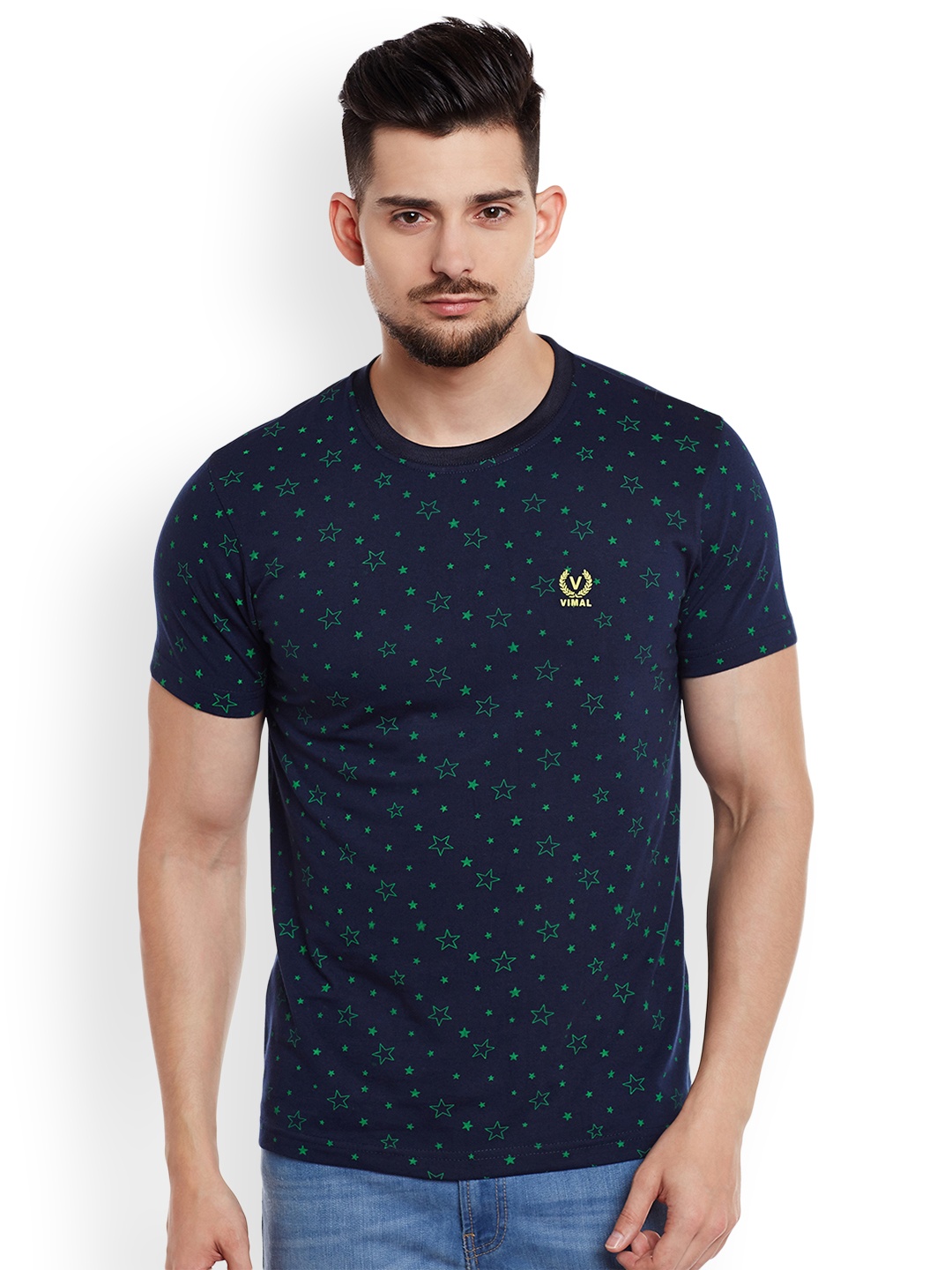 

VIMAL JONNEY Men Navy Blue Printed Round Neck T-shirt