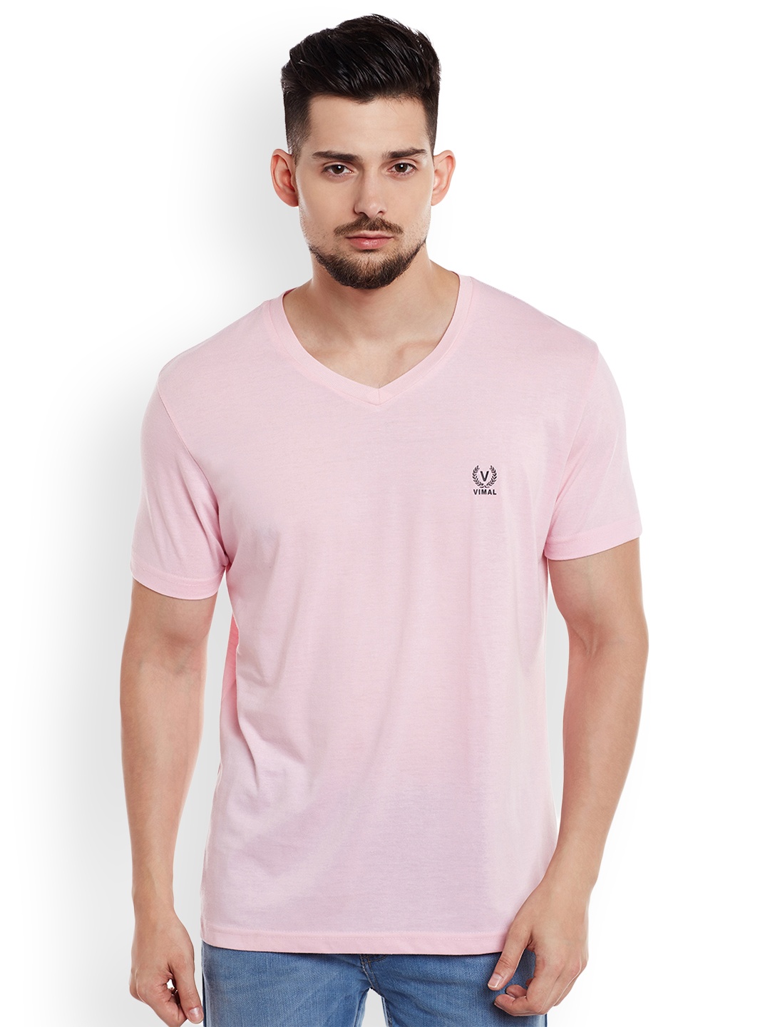 

VIMAL JONNEY Men Pink Solid V-Neck T-shirt