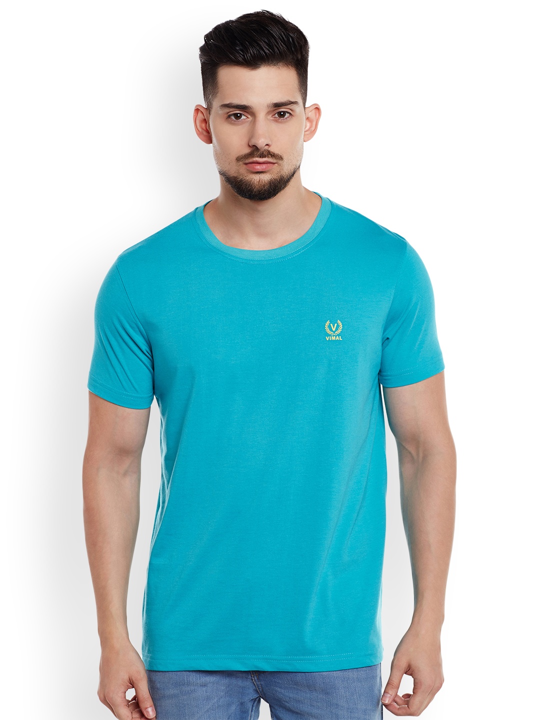 

VIMAL JONNEY Men Turquoise Blue Solid Round Neck T-shirt