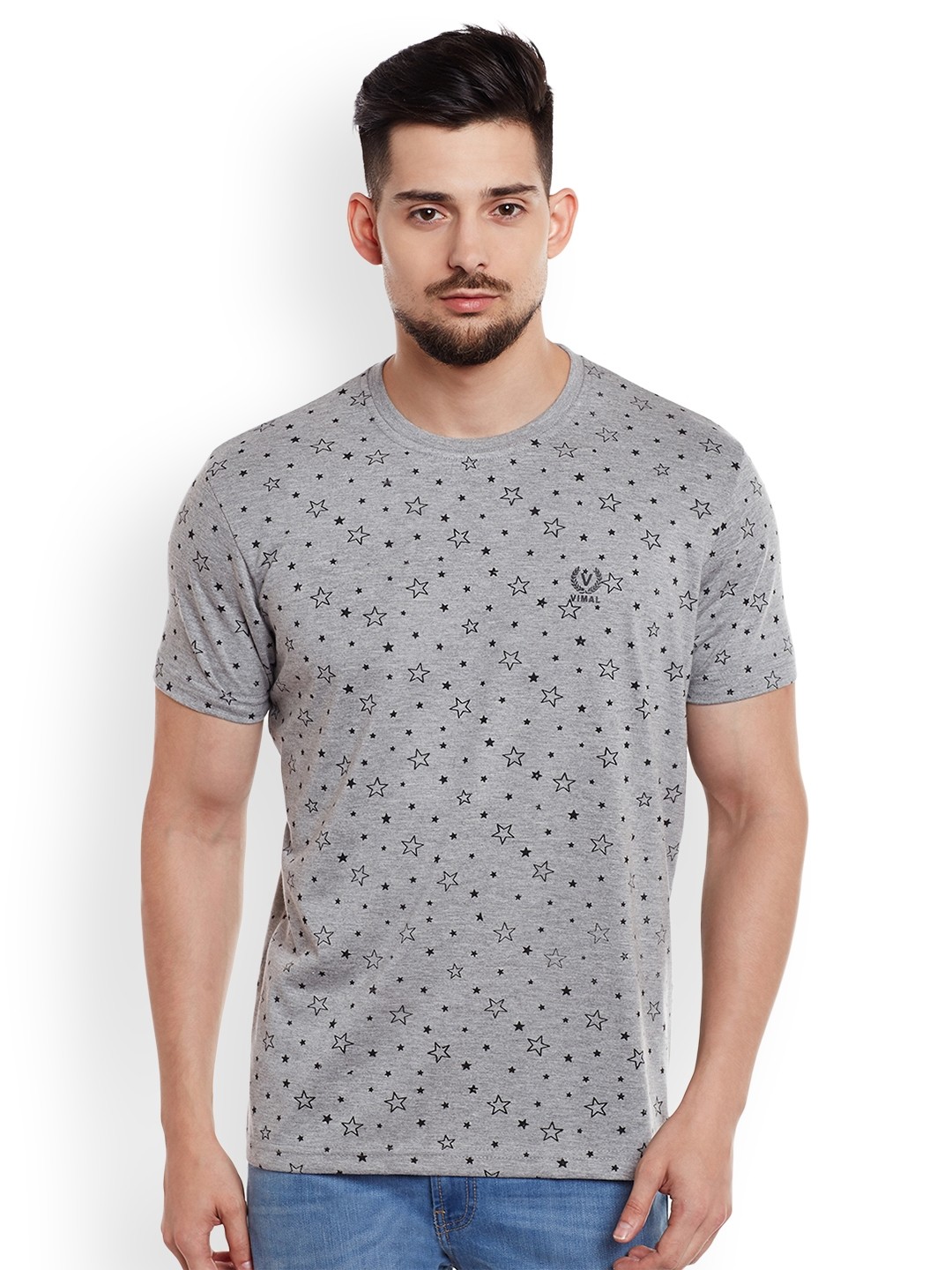 

MACK JONNEY Men Grey Melange Printed Round Neck T-shirt