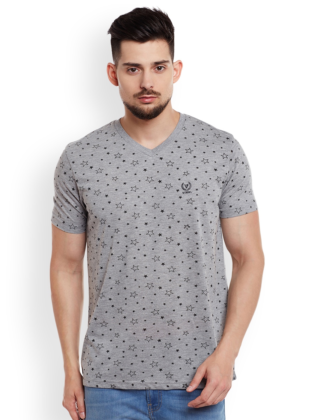 

VIMAL JONNEY Men Grey Melange Printed V-Neck T-shirt