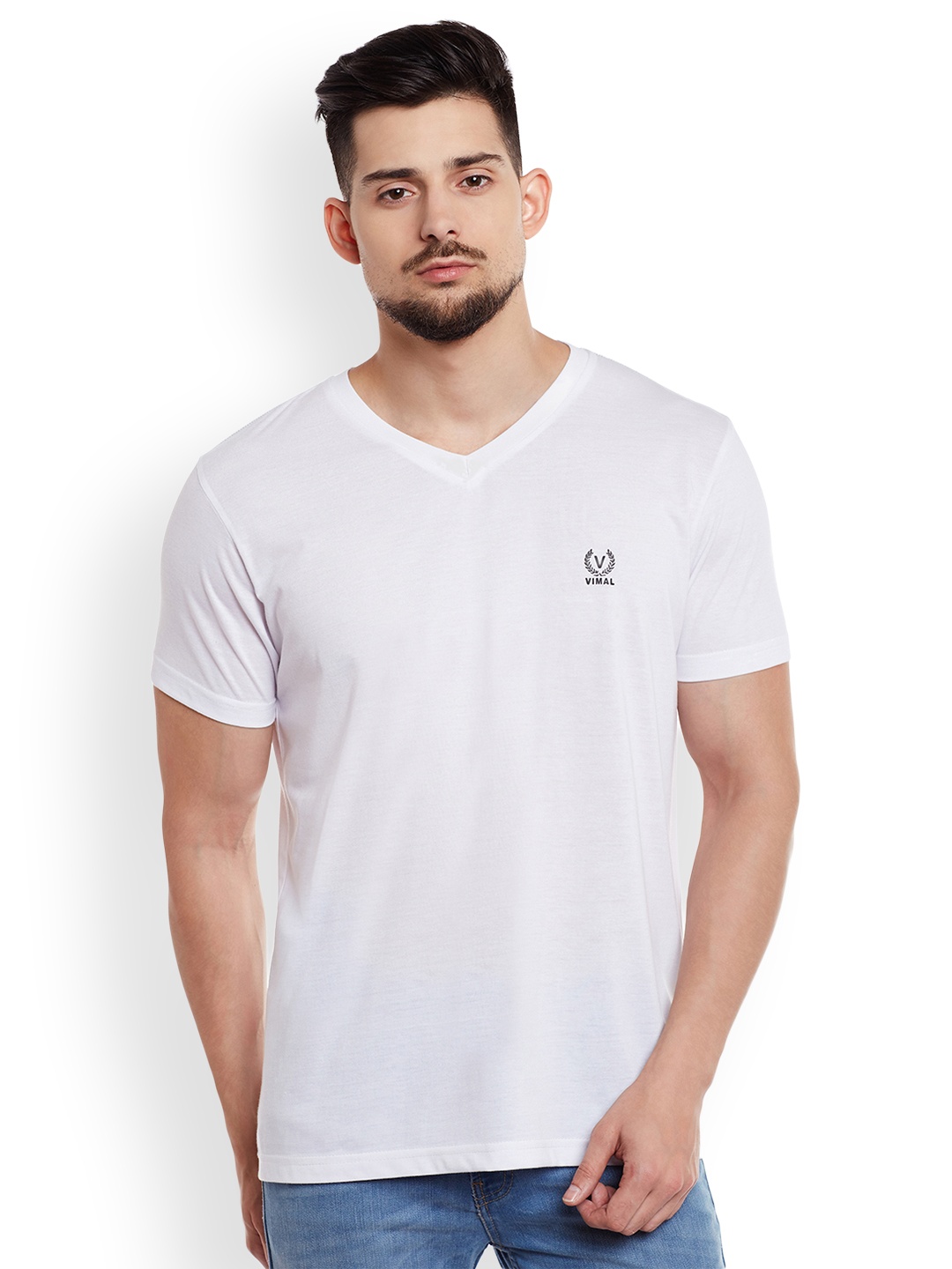 

MACK JONNEY Men White Solid V-Neck T-shirt