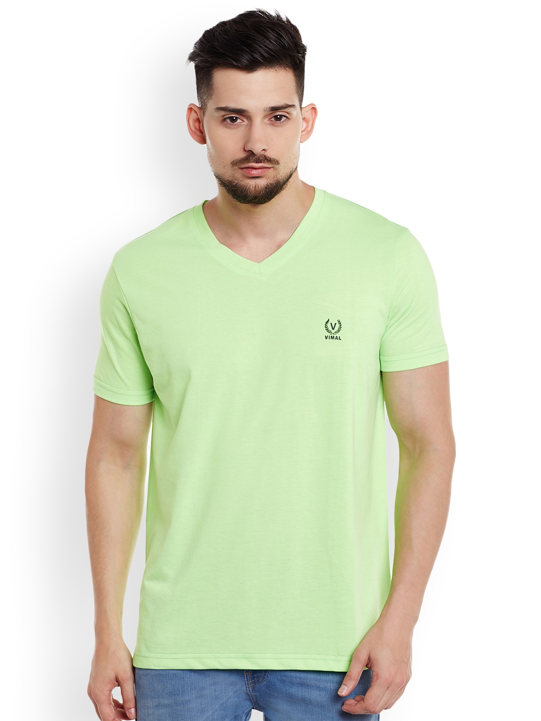

MACK JONNEY Men Fluorescent Green Solid V-Neck T-shirt