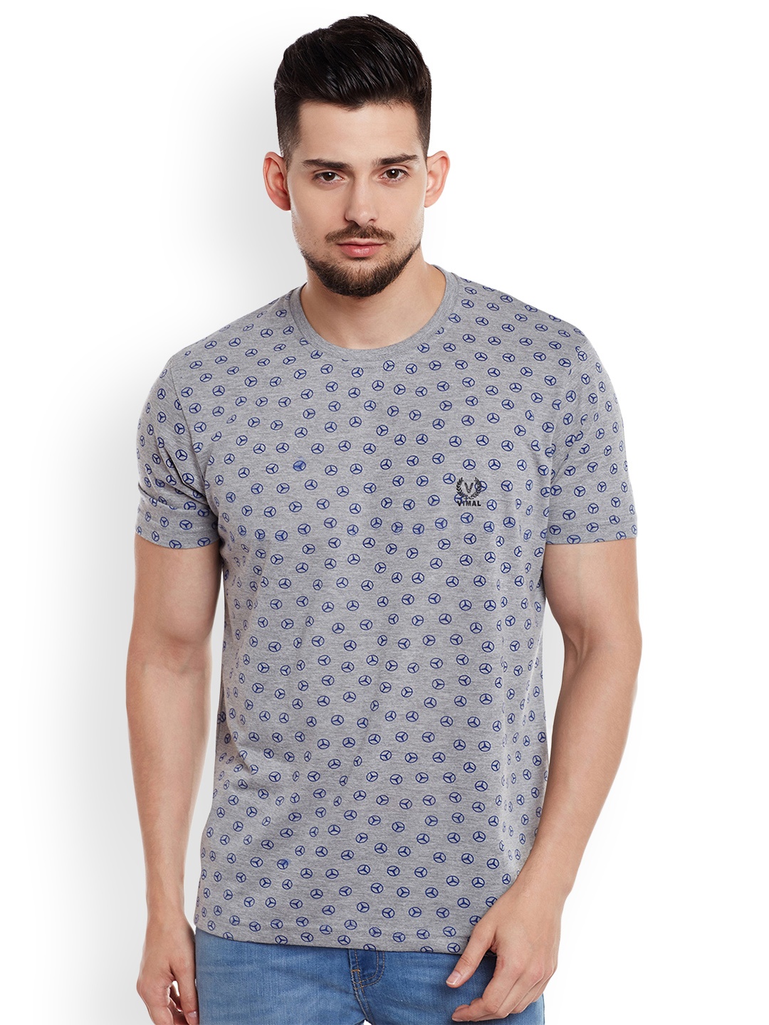 

VIMAL JONNEY Men Grey Melange & Blue Printed Round Neck T-shirt