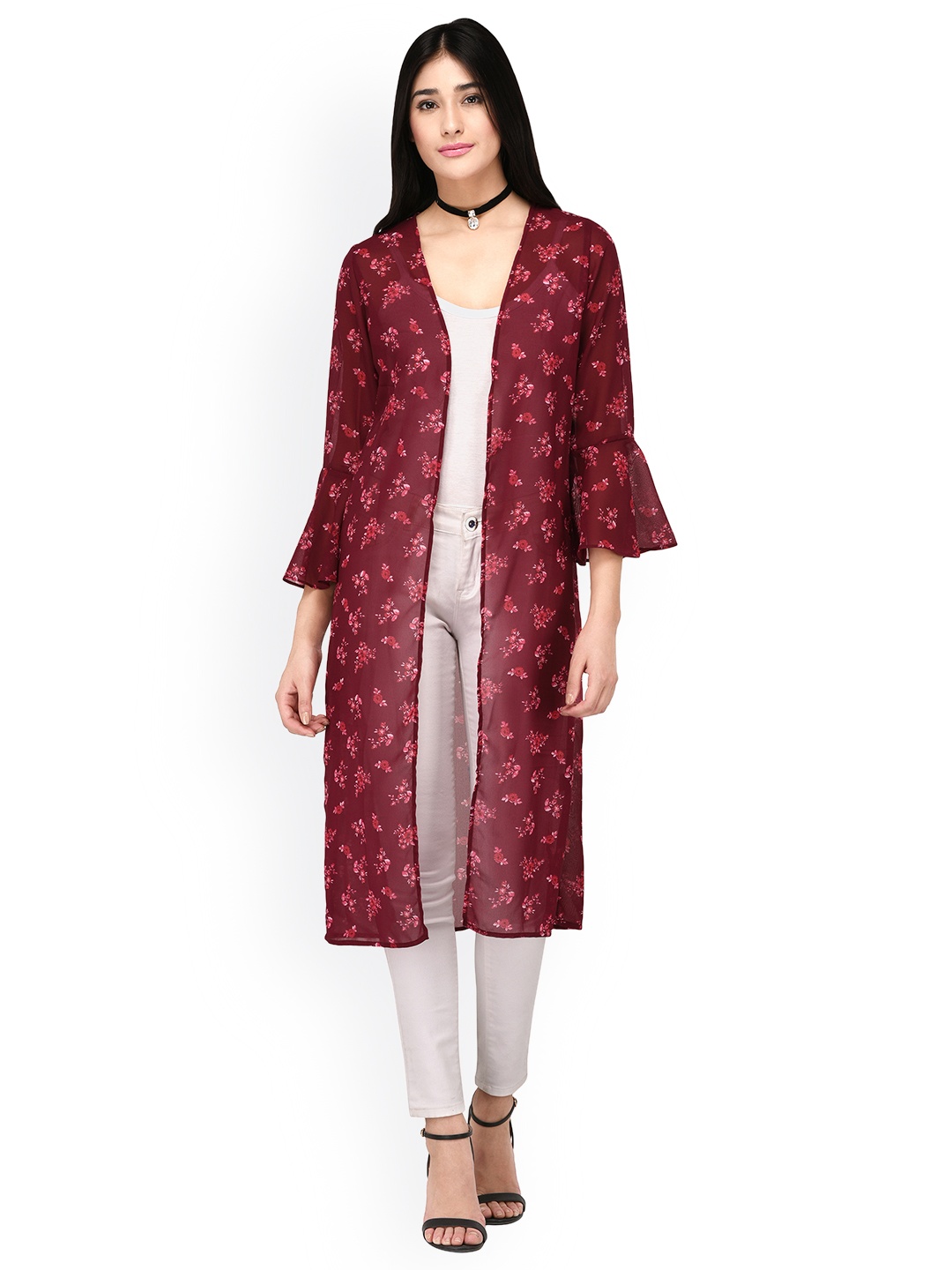 

PURYS Women Burgundy & Burgundy Printed Open Front Shrug