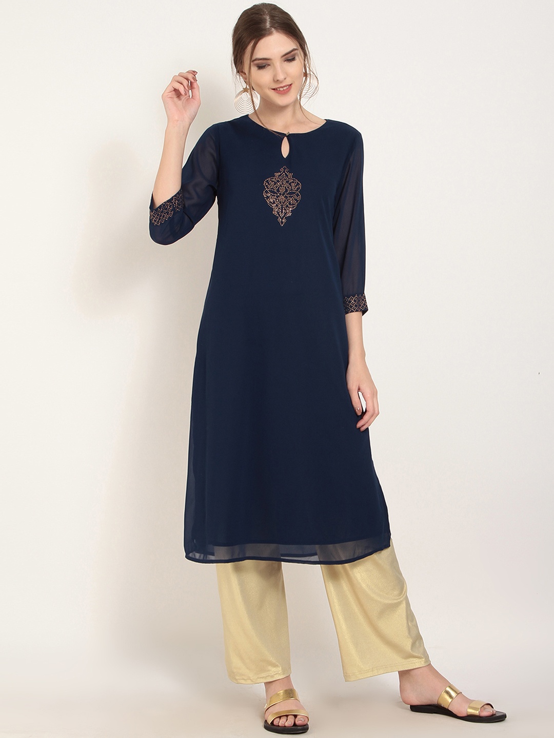 

RARE ROOTS Women Navy Blue Embellished Straight Kurta