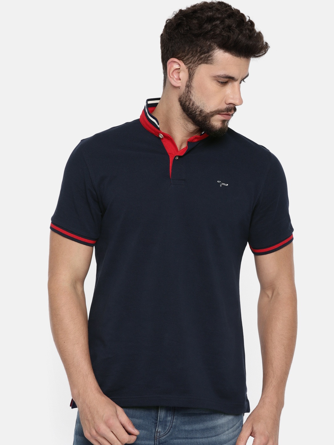 

Flying Machine Men Navy Solid Mandarin Collar T-shirt, Navy blue
