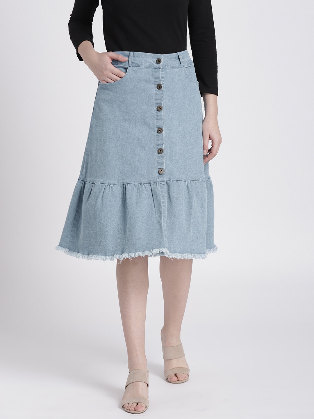 

Chemistry Women Blue Denim Knee Length A-Line Pure Cotton Skirt