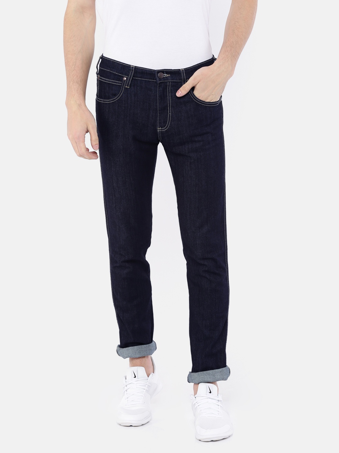 

Wrangler Men Navy Regular Fit Mid-Rise Clean Look Stretchable Jeans, Navy blue