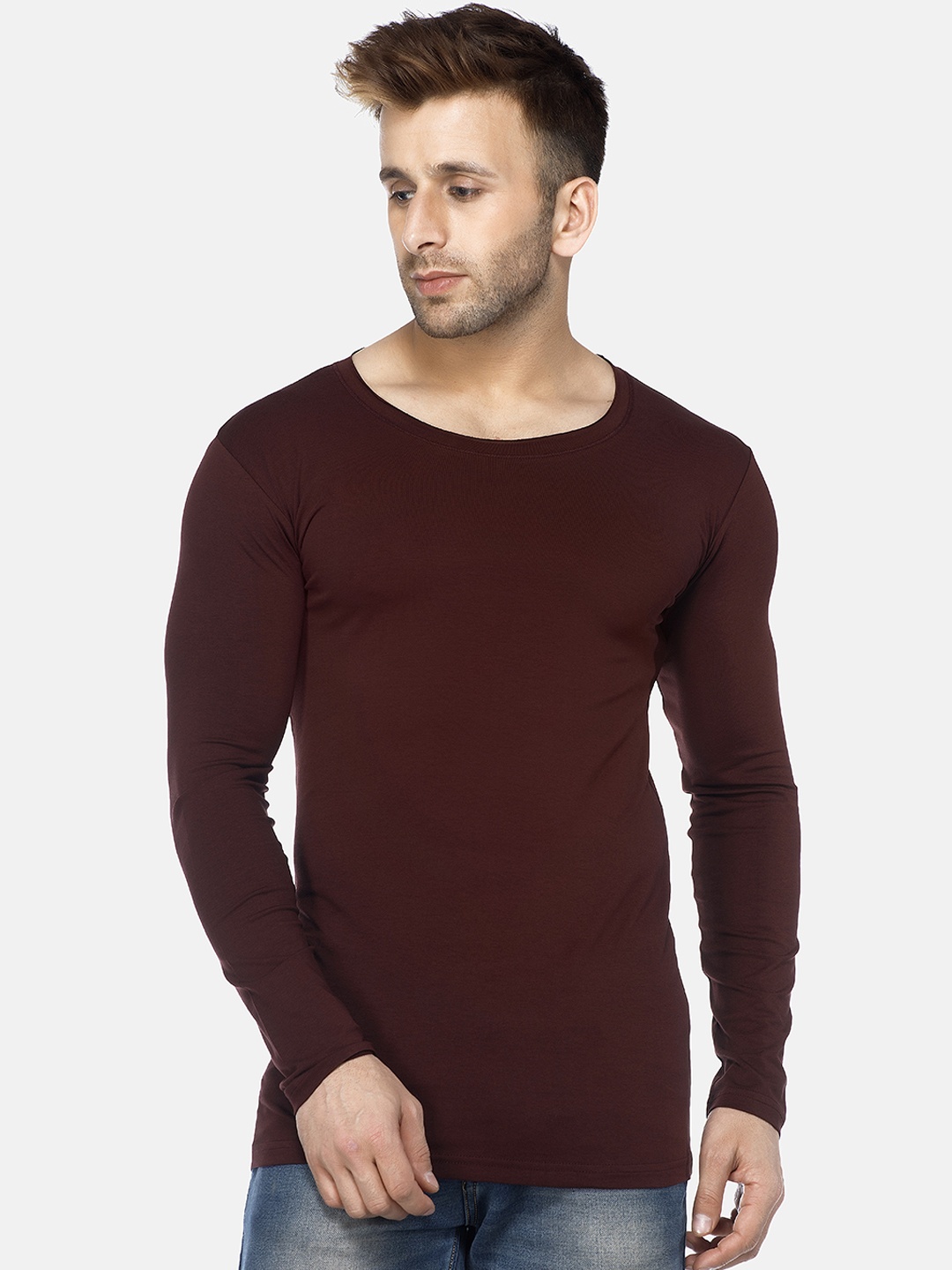 

Tinted Men Maroon Solid Round Neck T-shirt