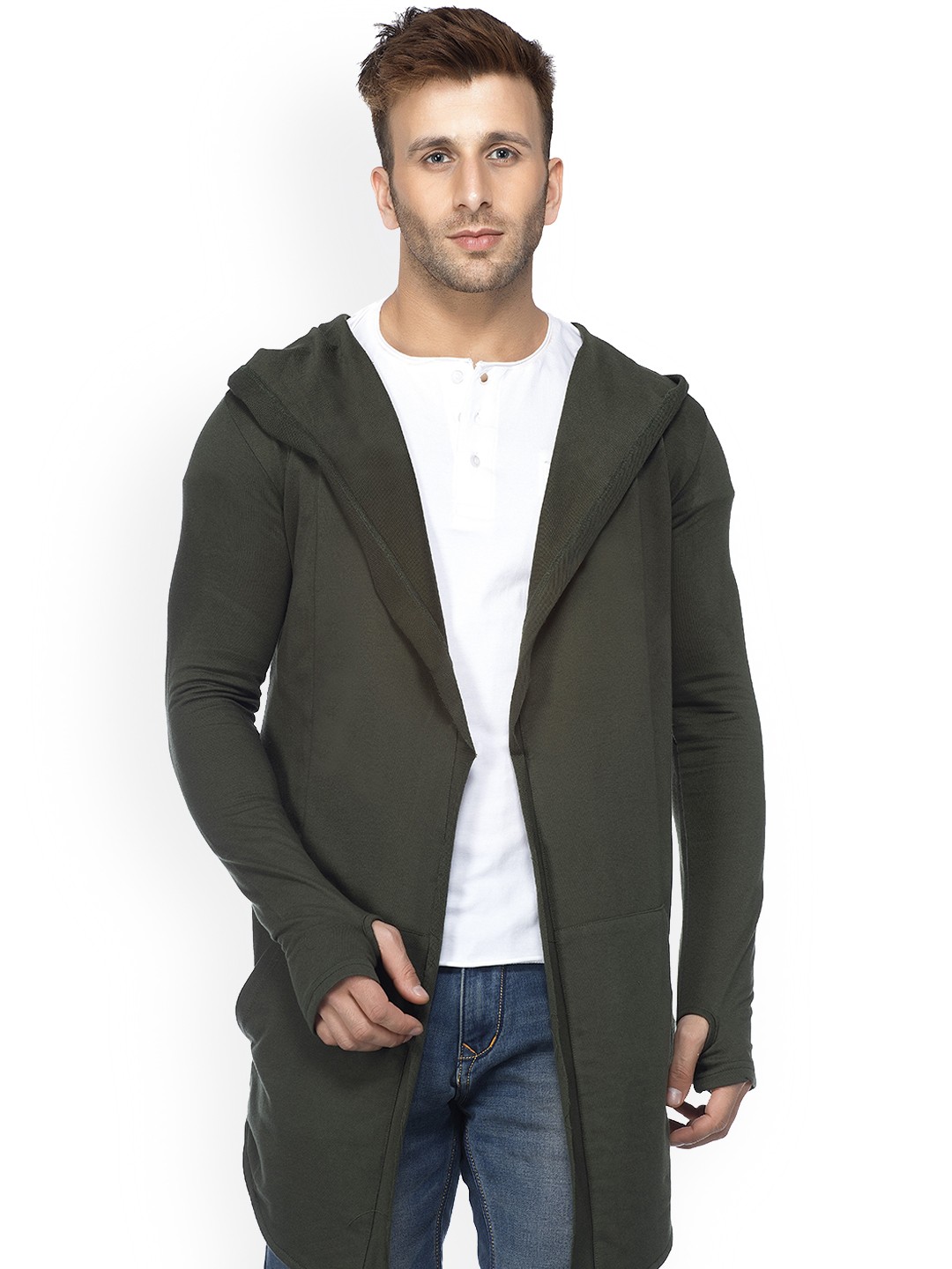 

Tinted Men Olive Green Solid Hooded Sweatshirt