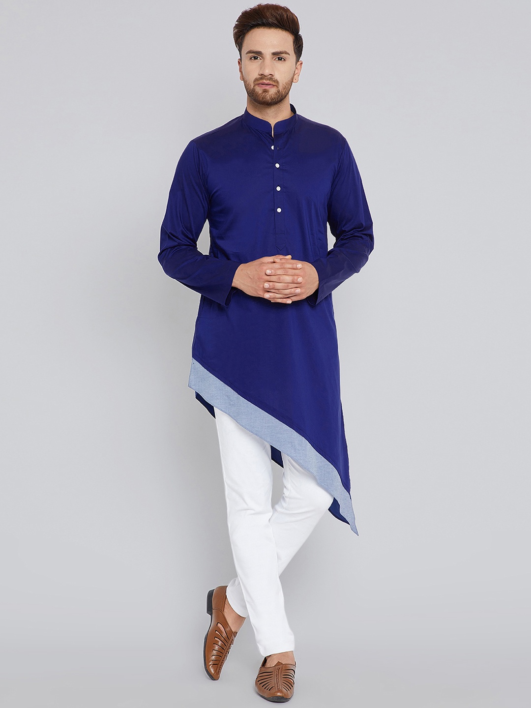 

See Designs Men Blue Colourblocked A-Line Asymmetric Kurta