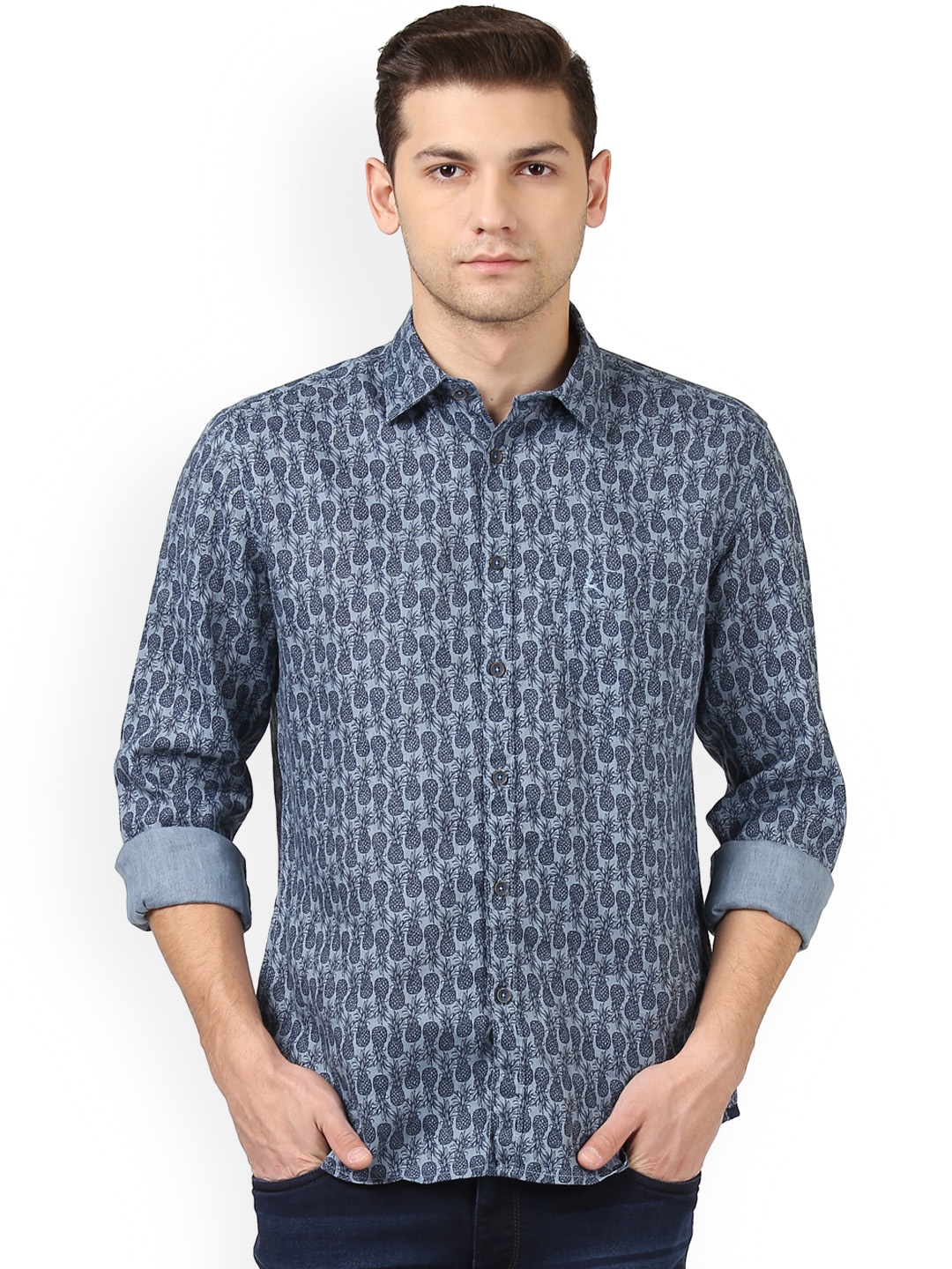 

Parx Men Blue Slim Fit Printed Linen Casual Shirt