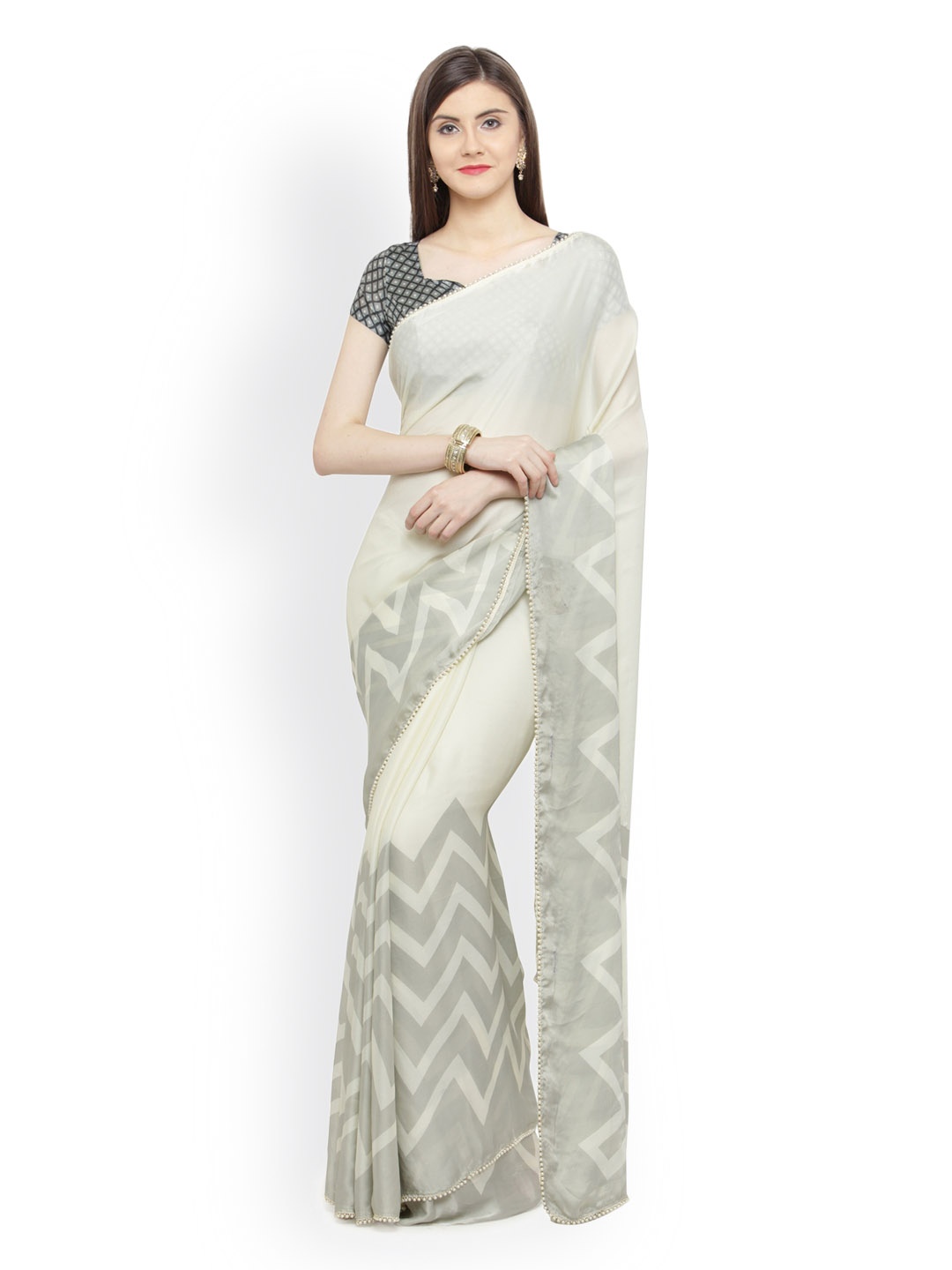 

Shaily Cream-Coloured Printed Satin Saree