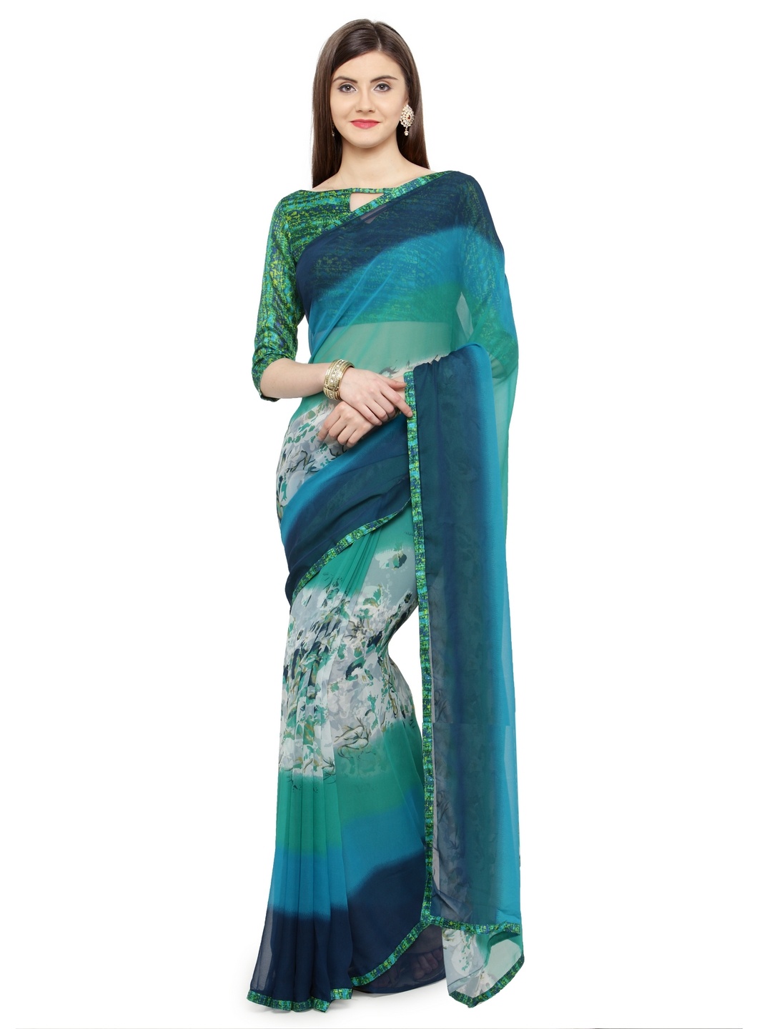 

Shaily Green & Turquoise Blue Pure Georgette Printed Saree