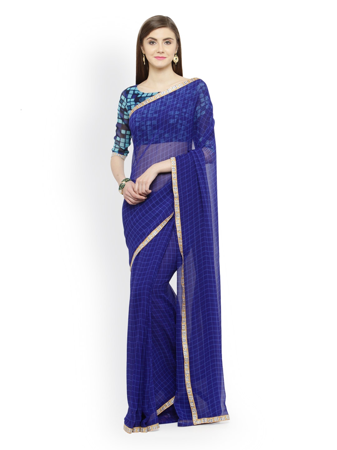 

Shaily Blue Checked Pure Georgette Saree