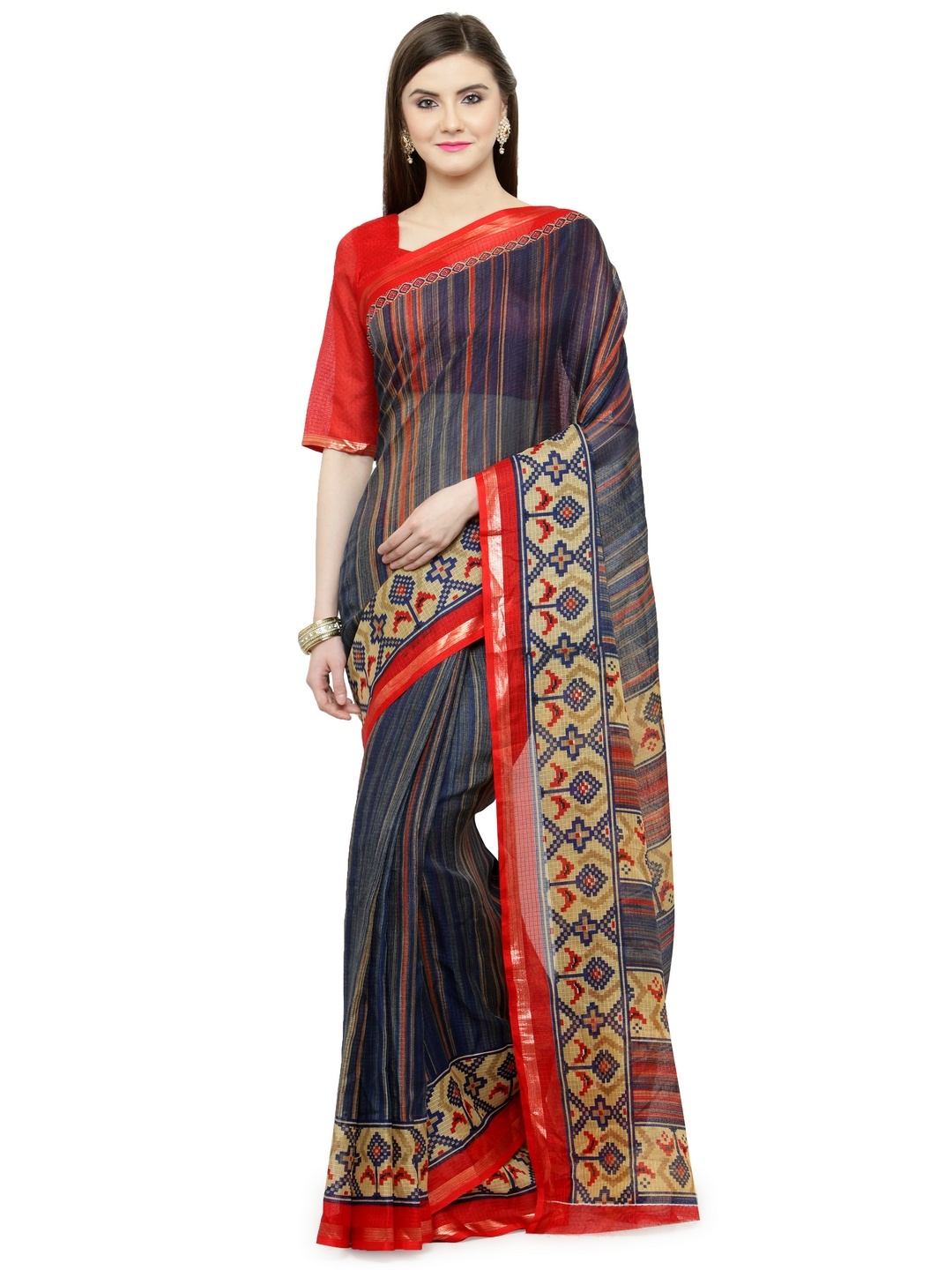 

Shaily Blue & Red Silk Cotton Striped Saree