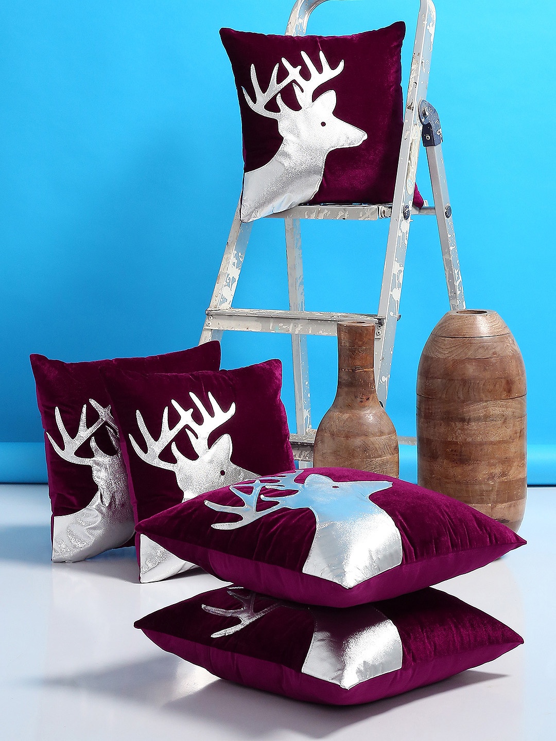 

ROMEE Purple Set of 5 Ethnic Motifs Square Velvet Cushion Covers