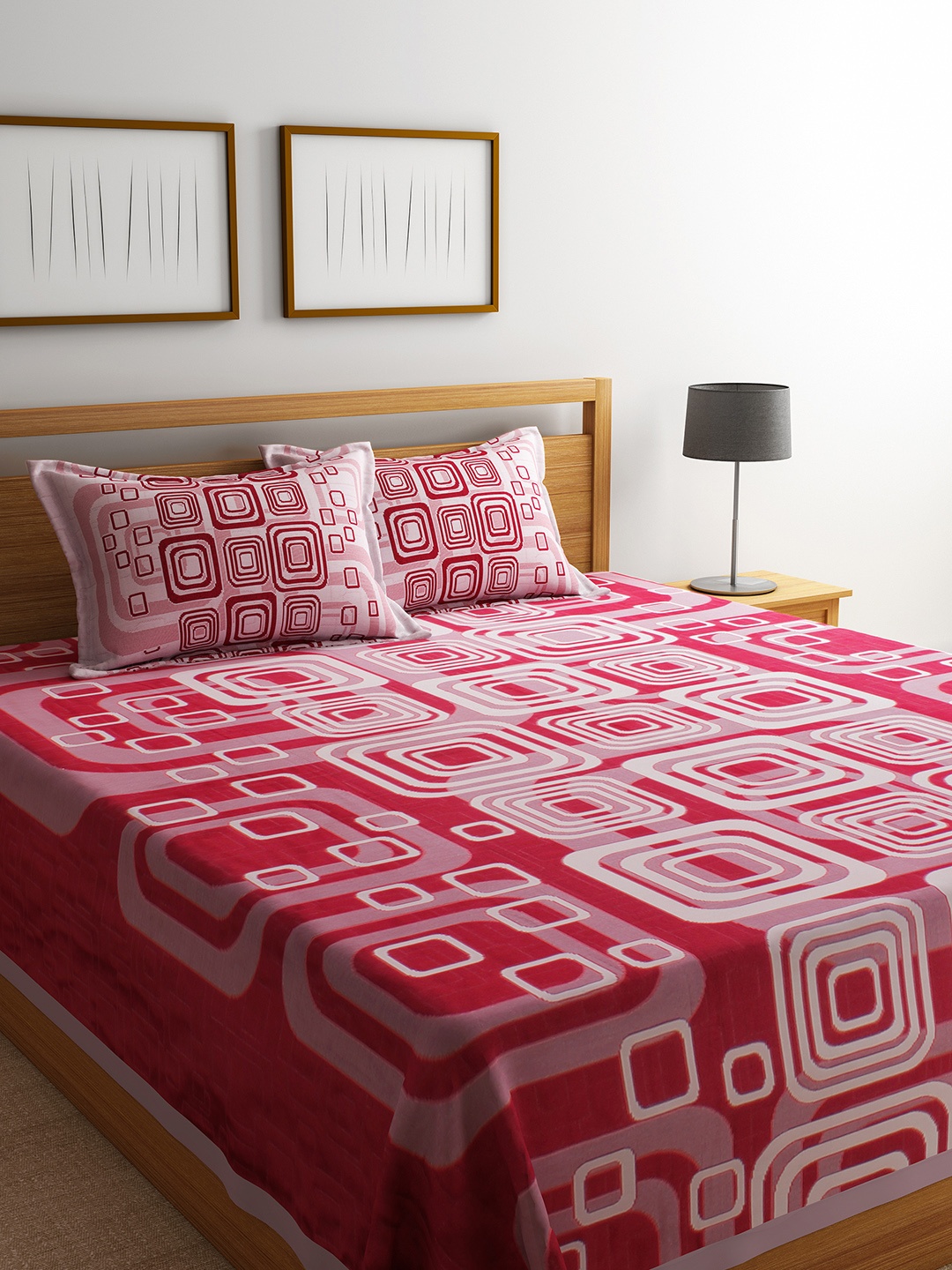 

Romee Red & White Printed Reversible 220 TC Bed Cover With 2 Pillow Covers