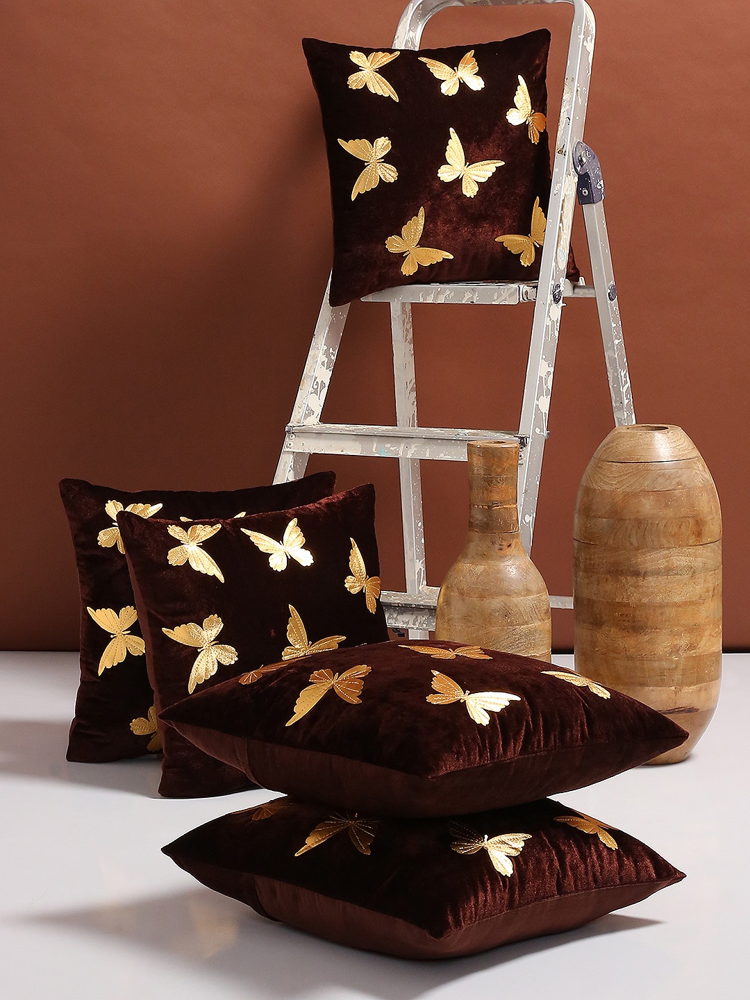 

ROMEE Brown Set of 5 Ethnic Motifs Square Velvet Cushion Covers