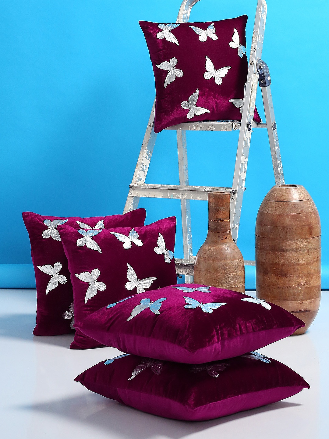 

ROMEE Purple Set of 5 Ethnic Motifs Square Velvet Cushion Covers