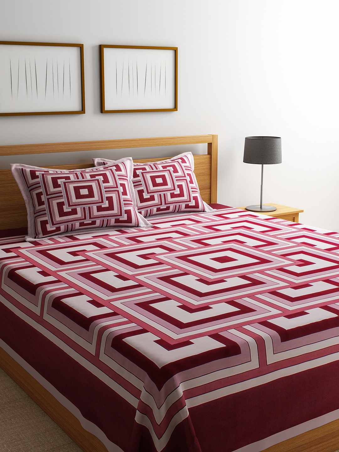 

Romee Pink & White Printed Reversible 220 TC Bed Cover With 2 Pillow Covers