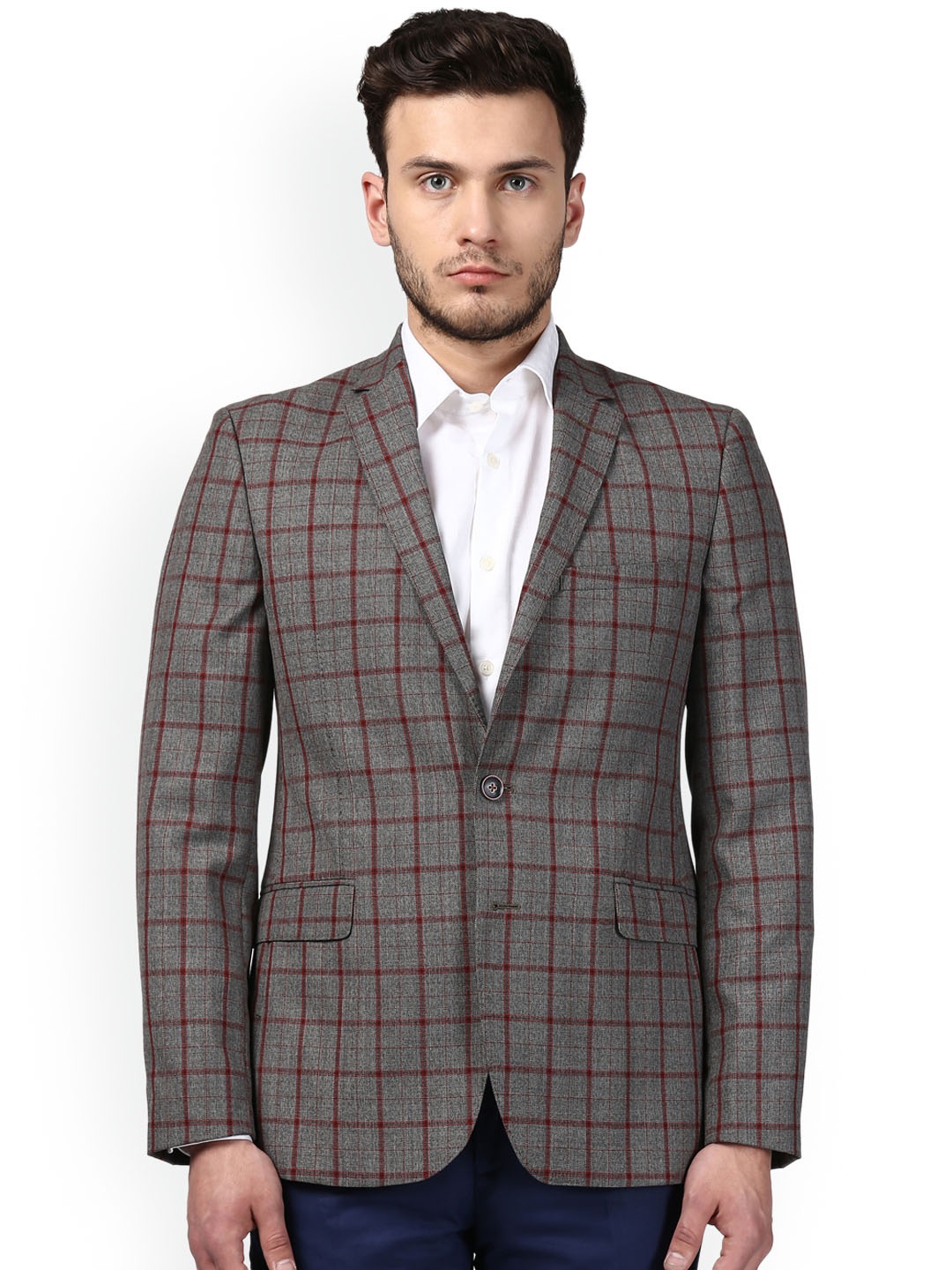 

Raymond Grey & Maroon Checked Single-Breasted Blazer