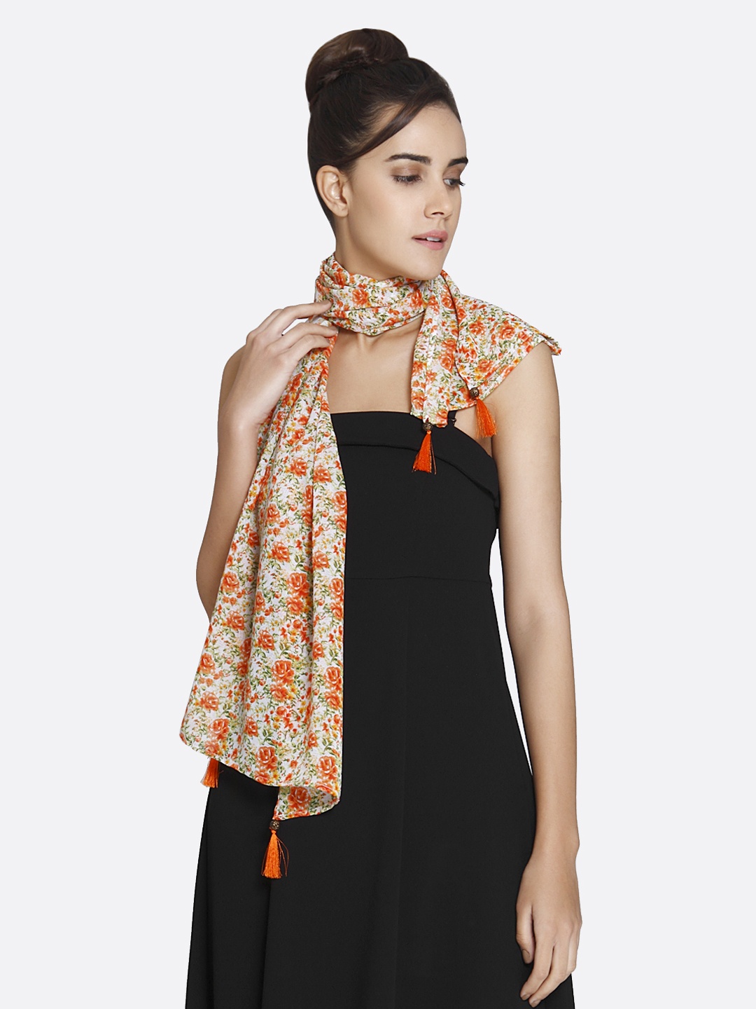 

shiloh Off-White & Orange Printed Scarf
