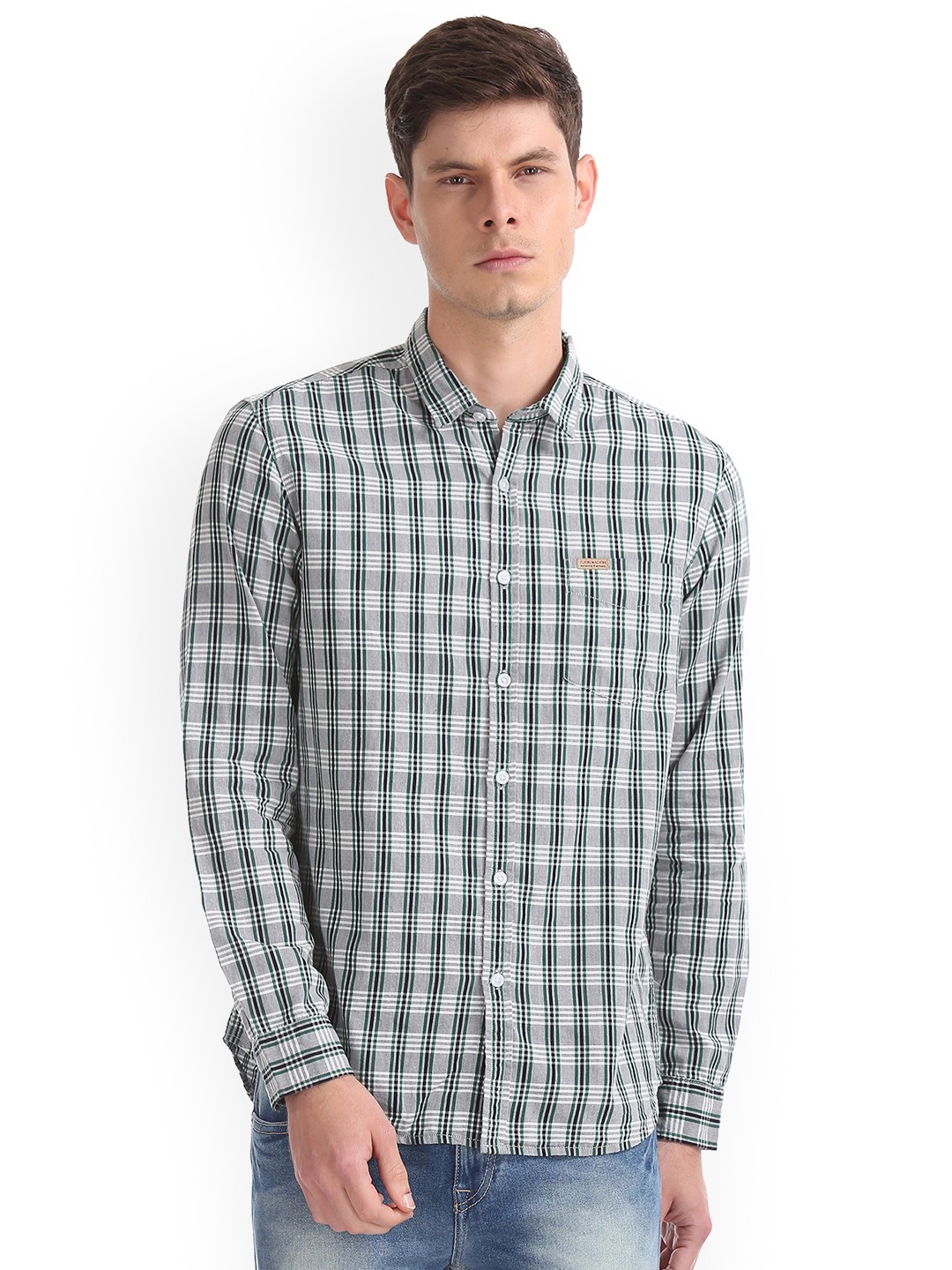 

Flying Machine Men Grey & Green Regular Fit Checked Casual Shirt