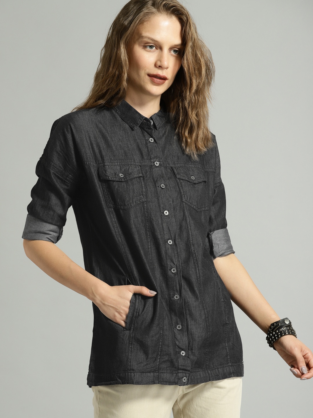 

Roadster Women Black Regular Fit Faded Casual Shirt