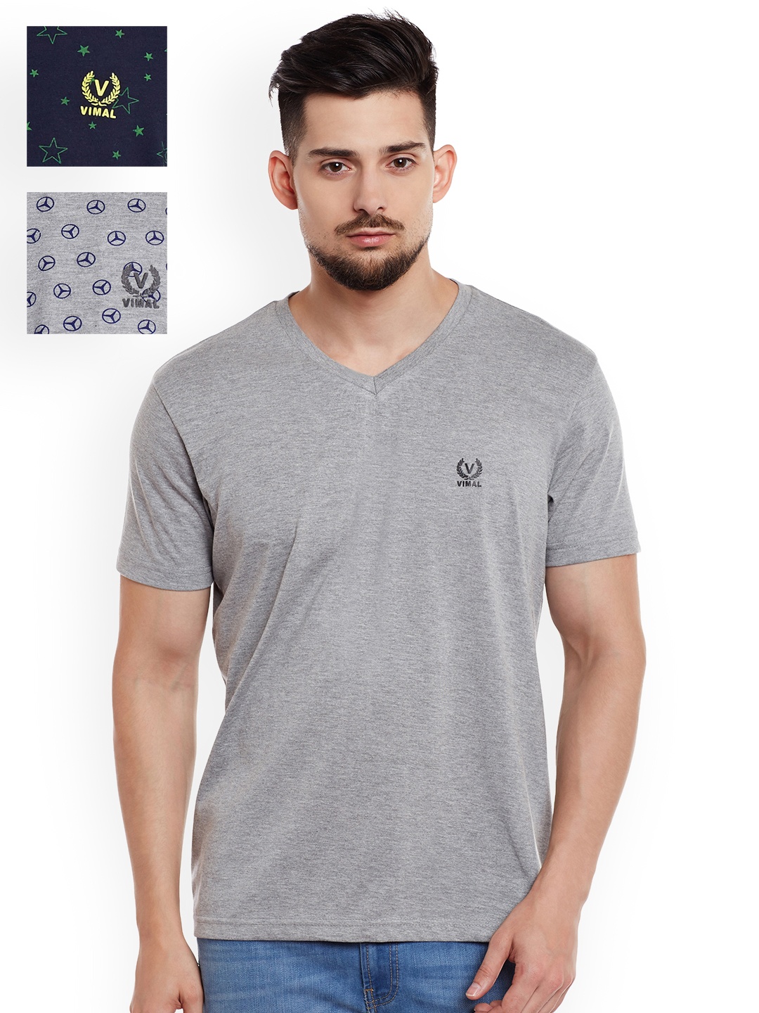 

VIMAL JONNEY Pack of 3 Slim Fit T-shirts, Grey melange