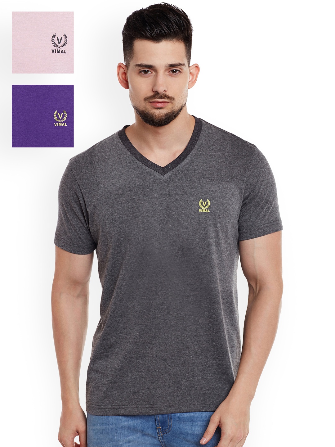 

VIMAL JONNEY Pack of 3 Slim Fit T-shirts, Purple