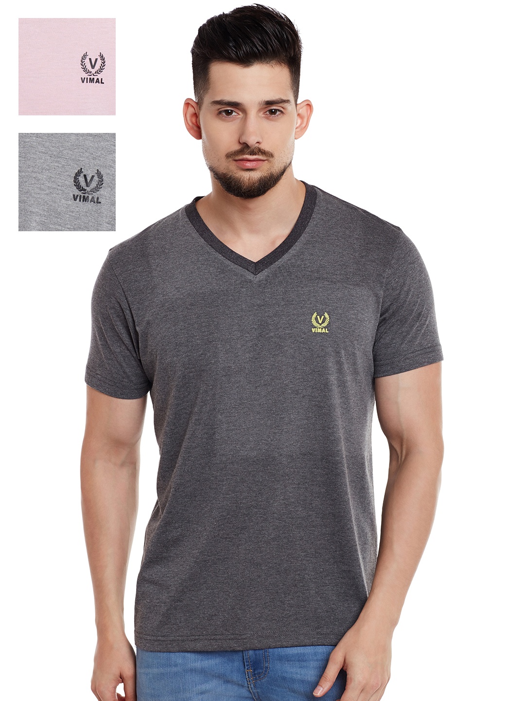 

VIMAL JONNEY Pack of 3 Slim Fit T-shirts, Grey