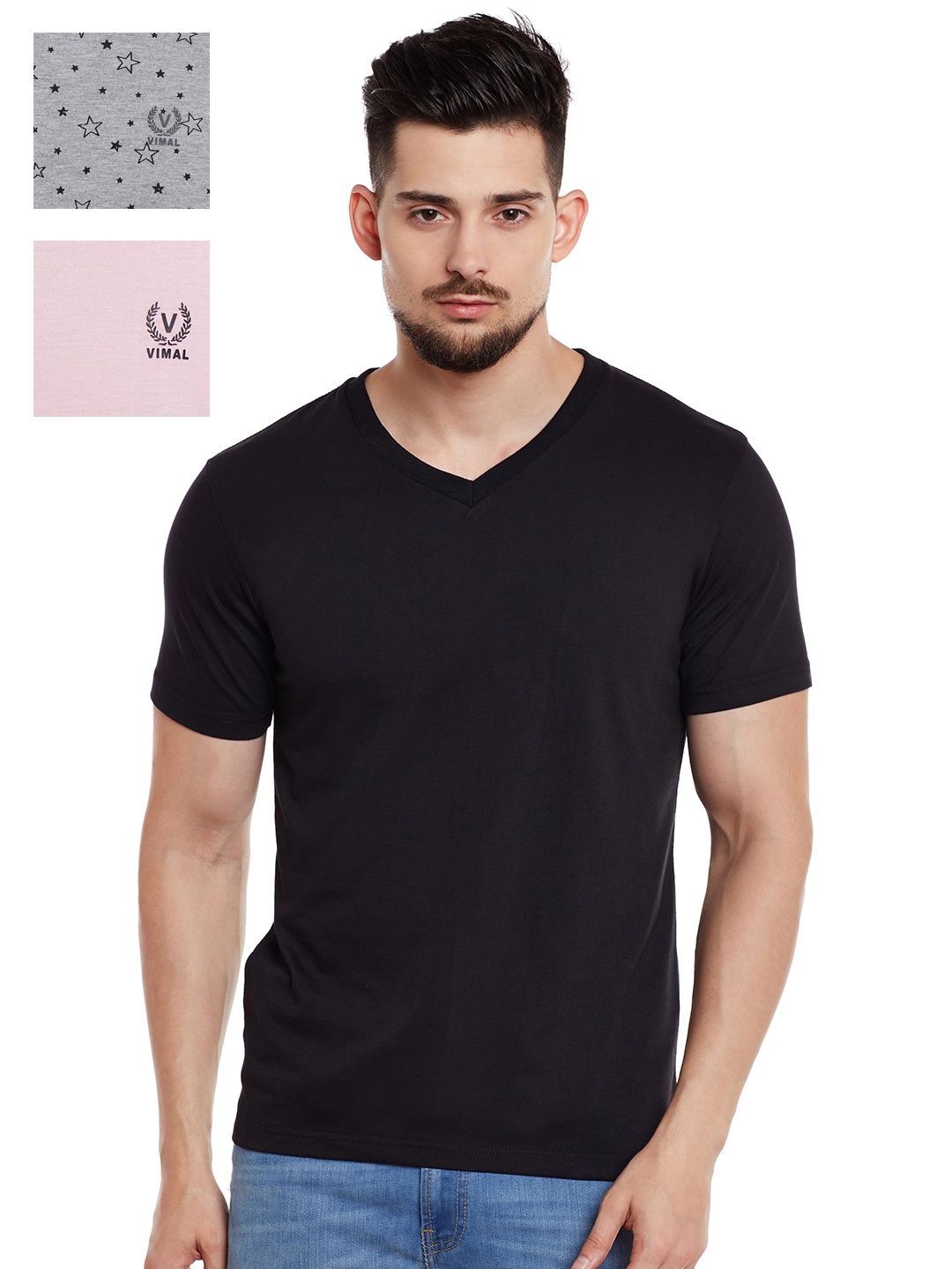 

VIMAL JONNEY Pack of 3 Slim Fit T-shirts, Black