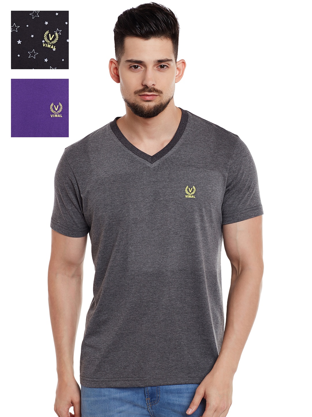 

VIMAL JONNEY Pack of 3 Slim Fit T-shirts, Grey