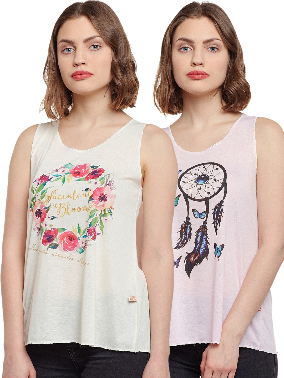 

VIMAL JONNEY Pack of 2 Printed Tank Pure Cotton Top, Cream