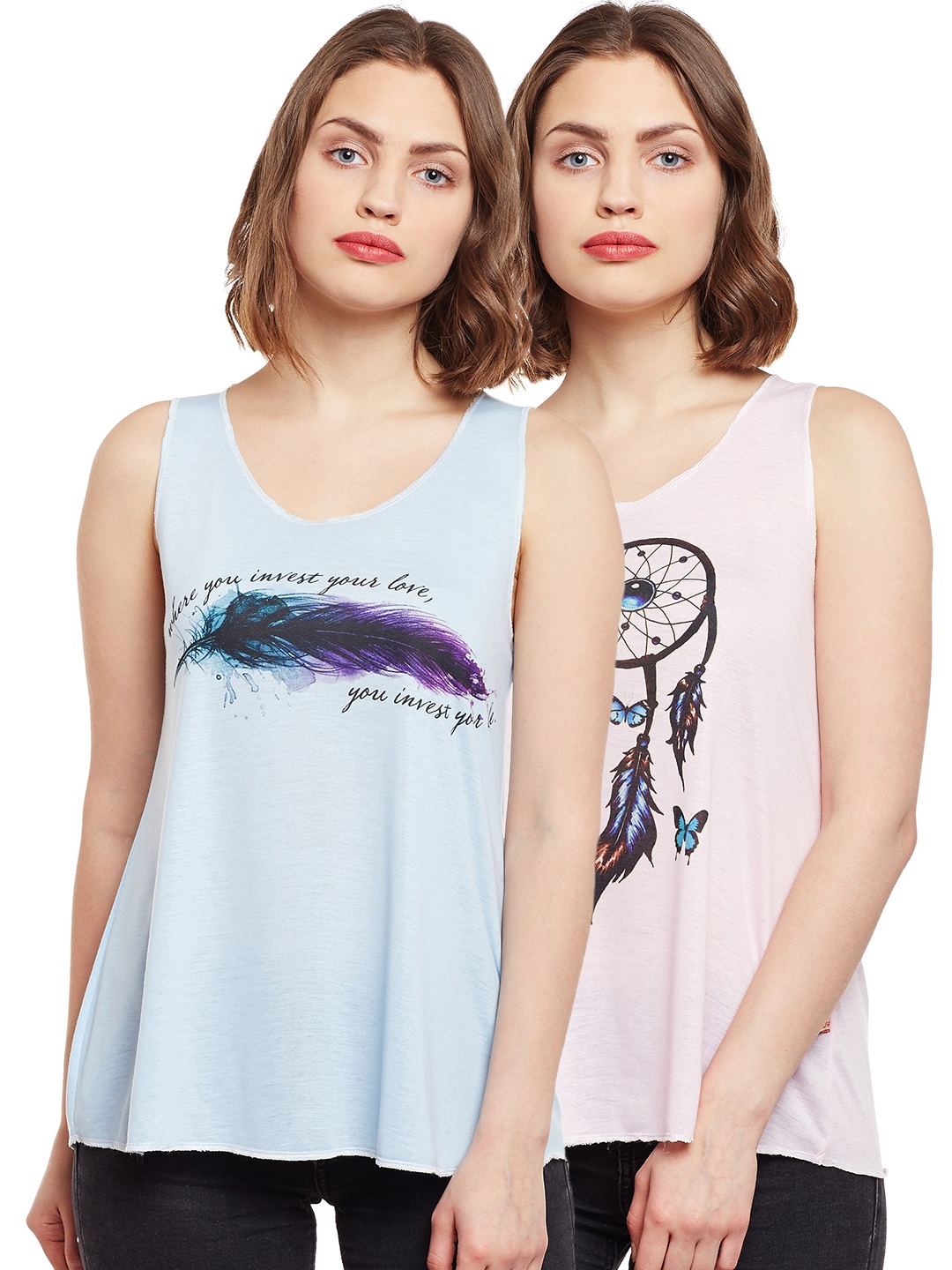 

MACK JONNEY Pack of 2 Printed Tank Pure Cotton Tops, Pink