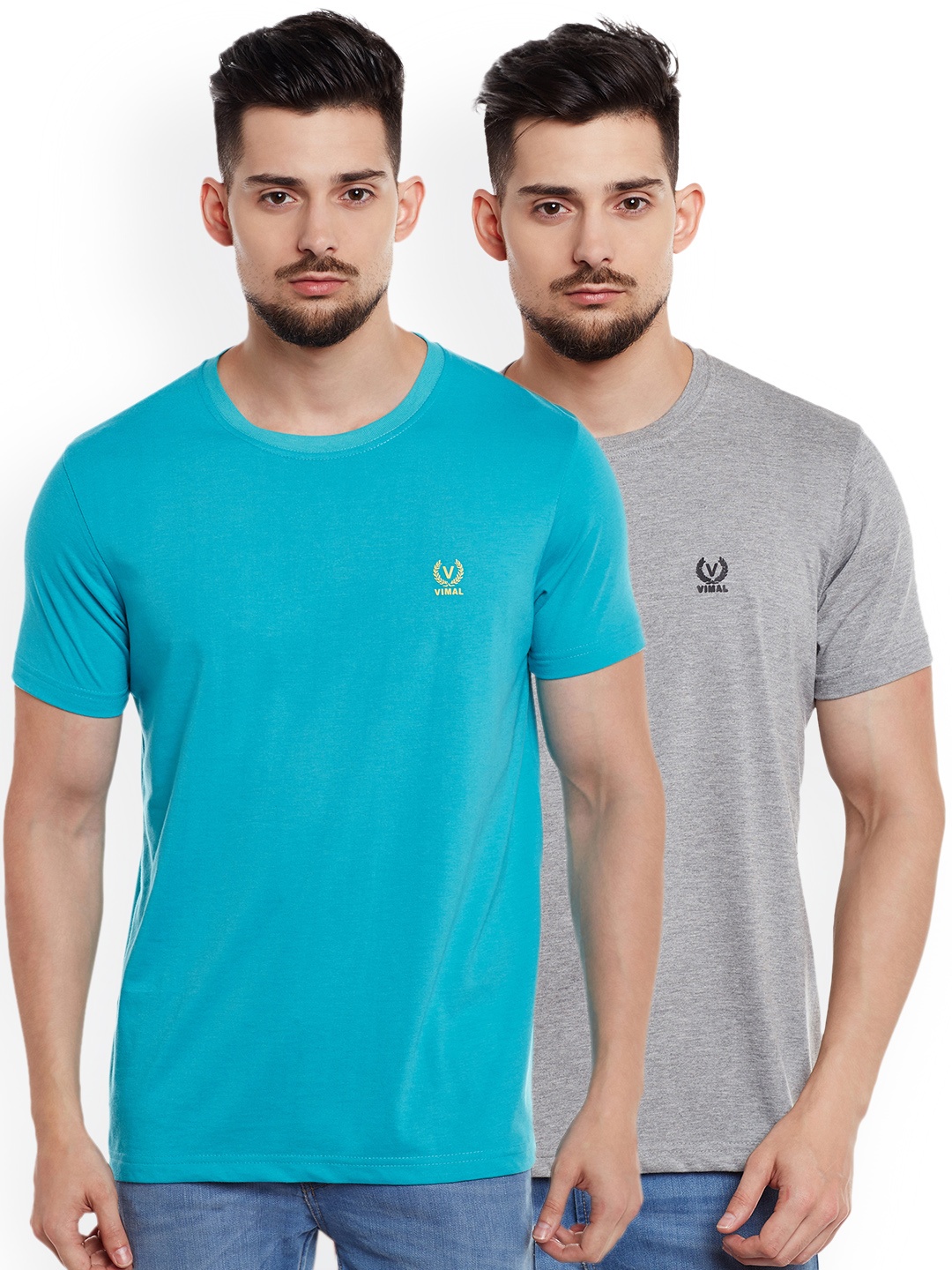 

VIMAL JONNEY Men Pack of 2 Round Neck T-Shirts, Turquoise blue