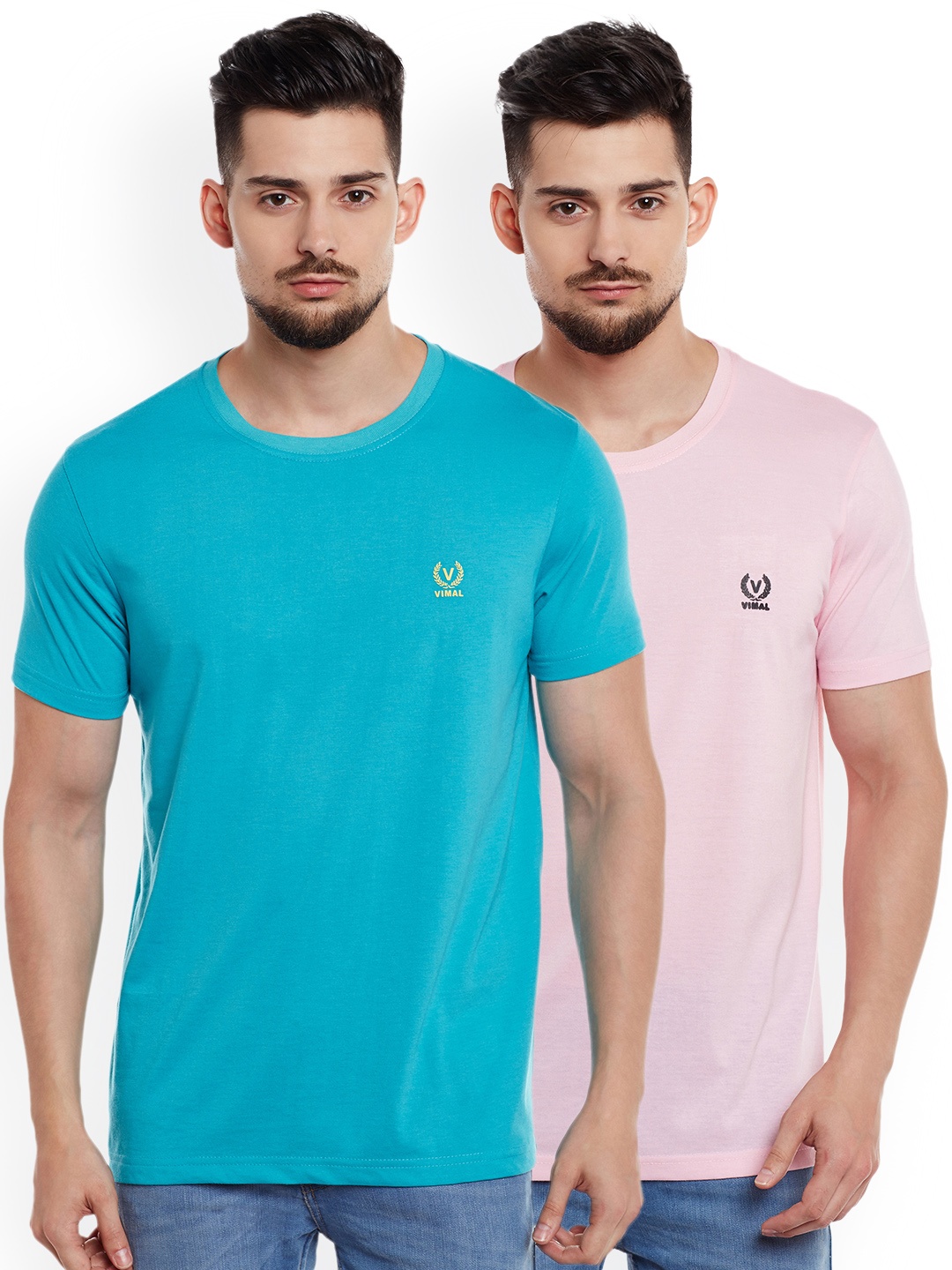 

VIMAL JONNEY Men Pack of 2 Round Neck T-Shirts, Turquoise blue