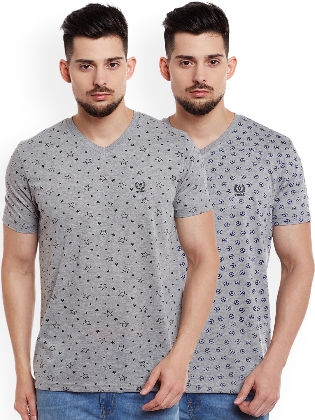 

VIMAL JONNEY Men Pack of 2 V-Neck T-Shirts, Grey melange