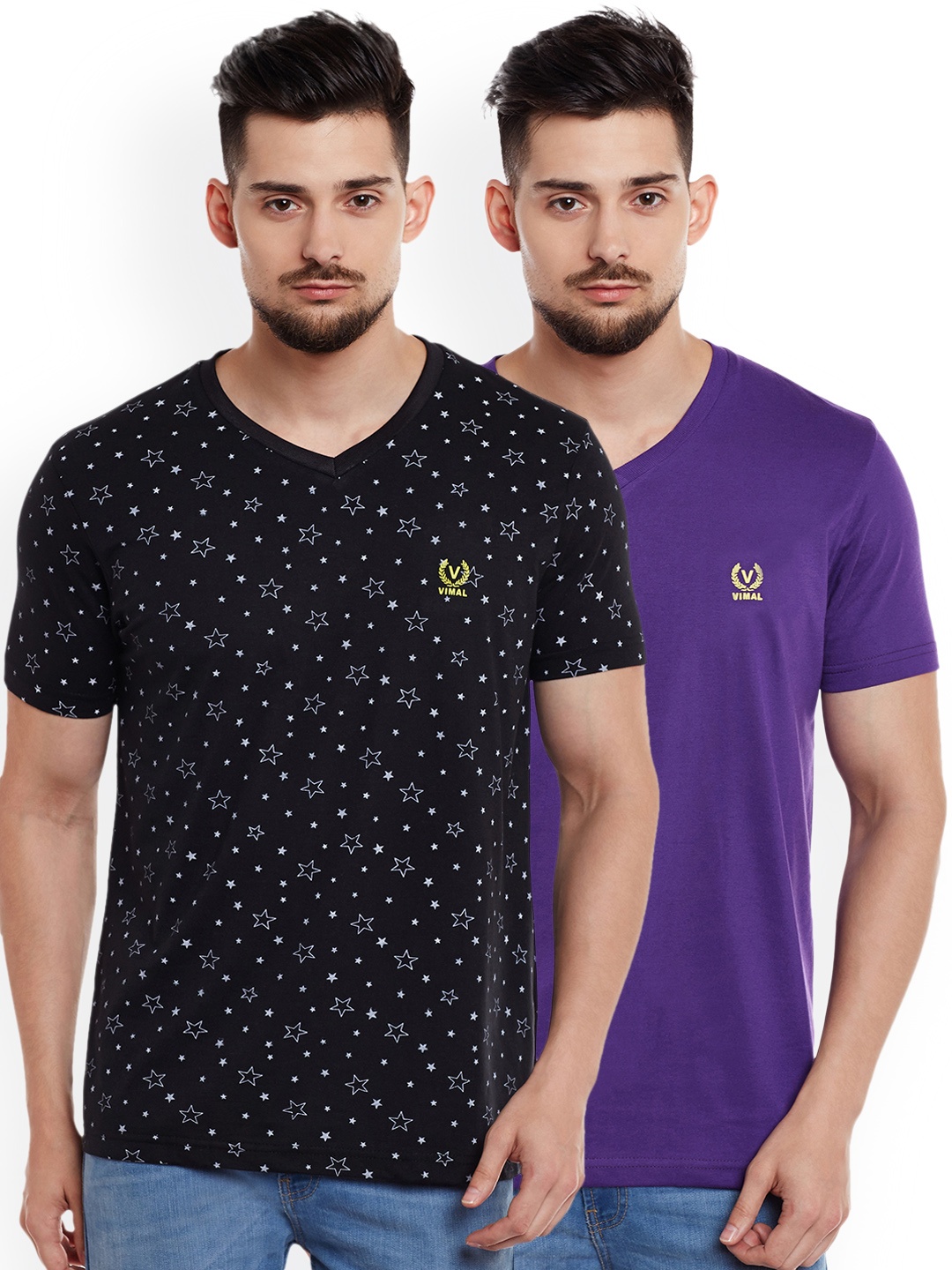 

MACK JONNEY Men Pack of 2 V-Neck T-Shirts, Purple